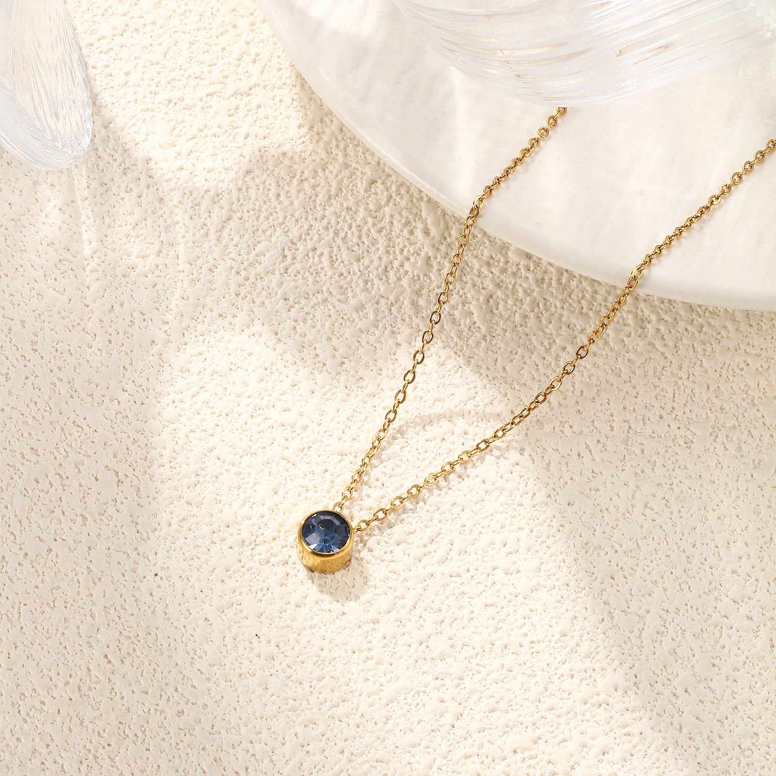 Picture of Eco-friendly PVD Vacuum Plating Exquisite Birthstone 18K Real Gold Plated 304 Stainless Steel & Rhinestone Link Cable Chain Round Pendant Charm Necklace For Women Gift 45cm(17.7") + 5cm(2") long