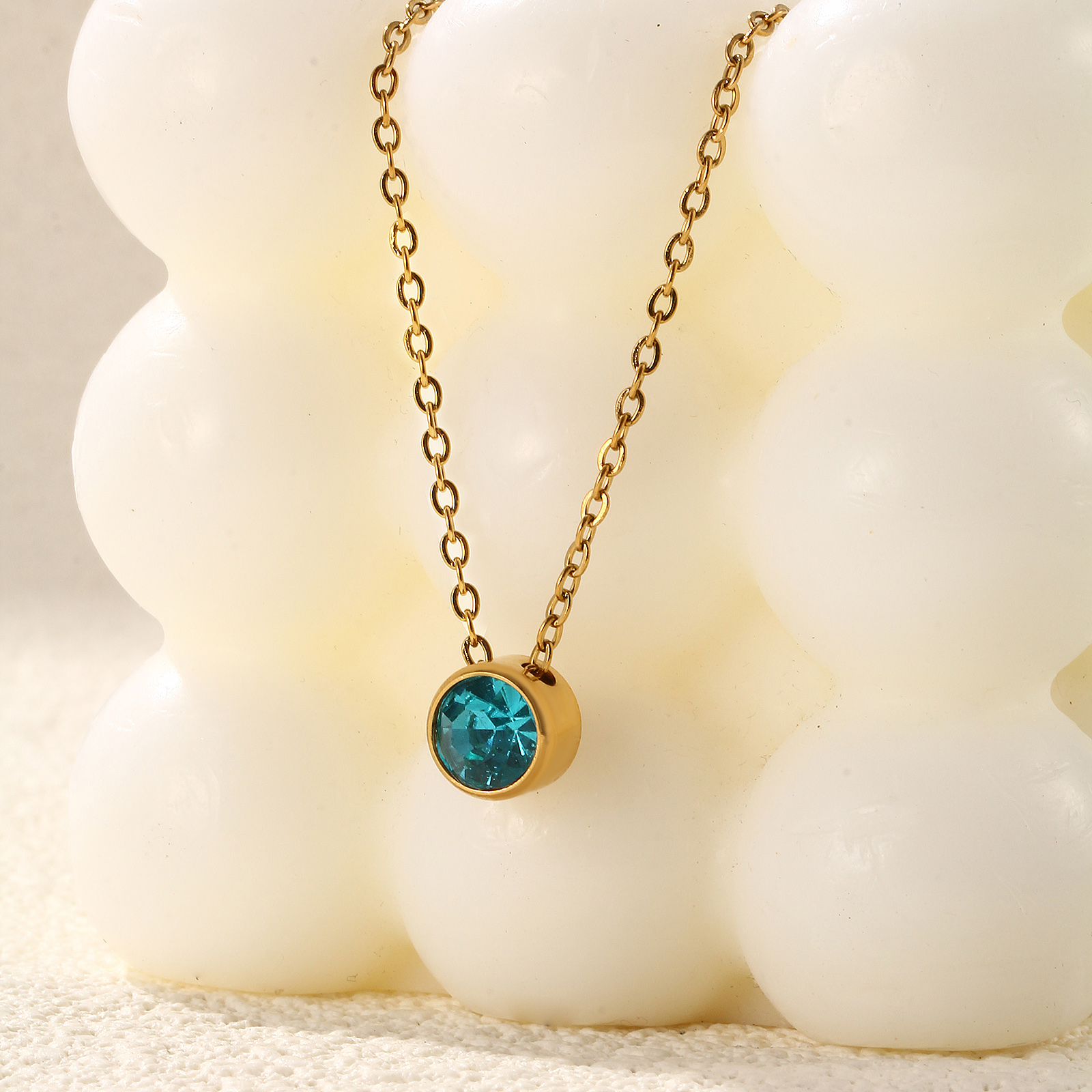 Picture of Eco-friendly PVD Vacuum Plating Exquisite Birthstone 18K Real Gold Plated 304 Stainless Steel & Rhinestone Link Cable Chain Round Pendant Charm Necklace For Women Gift 45cm(17.7") + 5cm(2") long