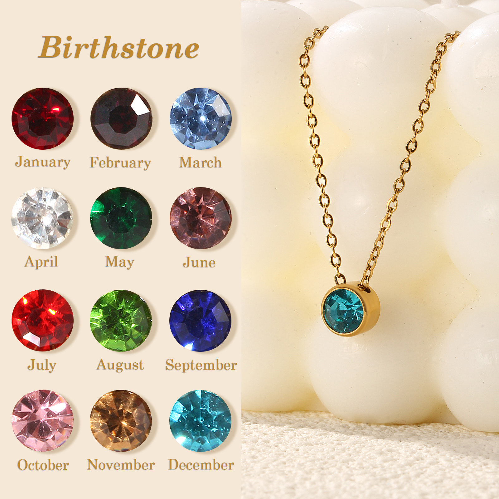 Picture of Eco-friendly PVD Vacuum Plating Exquisite Birthstone 18K Real Gold Plated 304 Stainless Steel & Rhinestone Link Cable Chain Round Pendant Charm Necklace For Women Gift 45cm(17.7") + 5cm(2") long