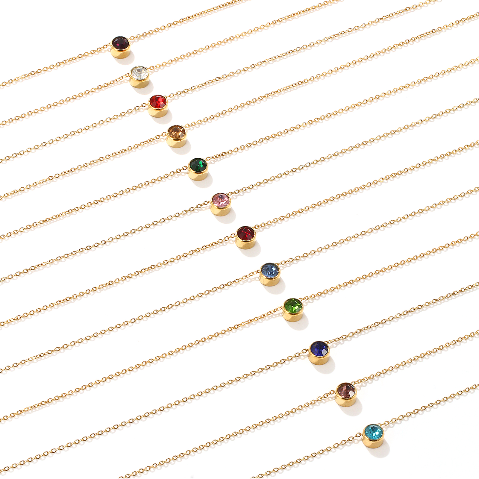 Picture of Eco-friendly PVD Vacuum Plating Exquisite Birthstone 18K Real Gold Plated 304 Stainless Steel & Rhinestone Link Cable Chain Round Pendant Charm Necklace For Women Gift 45cm(17.7") + 5cm(2") long