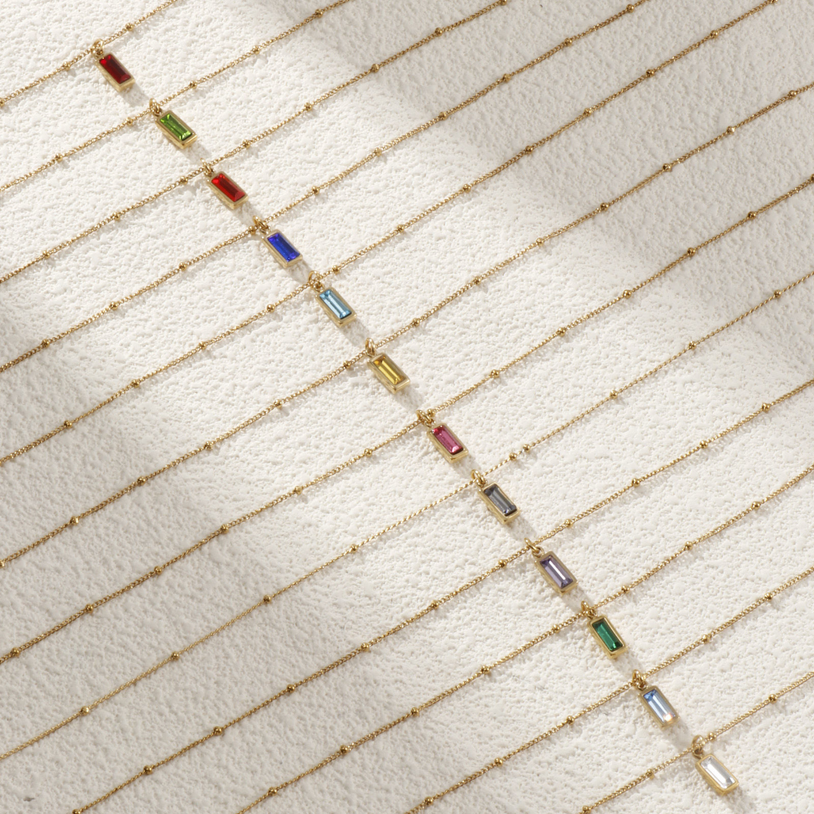 Picture of Eco-friendly PVD Vacuum Plating Exquisite Birthstone 18K Real Gold Plated 304 Stainless Steel & Cubic Zirconia Curb Link Chain Rectangle Pendant Charm Necklace For Women Gift 45cm(17.7") + 5cm(2") long