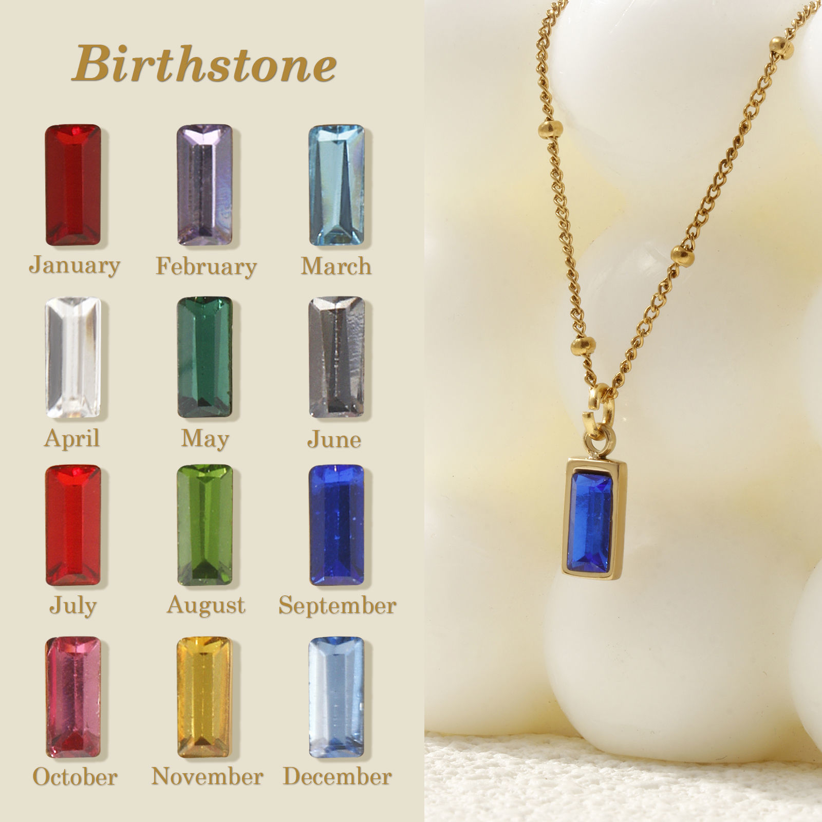 Picture of Eco-friendly PVD Vacuum Plating Exquisite Birthstone 18K Real Gold Plated 304 Stainless Steel & Cubic Zirconia Curb Link Chain Rectangle Pendant Charm Necklace For Women Gift 45cm(17.7") + 5cm(2") long