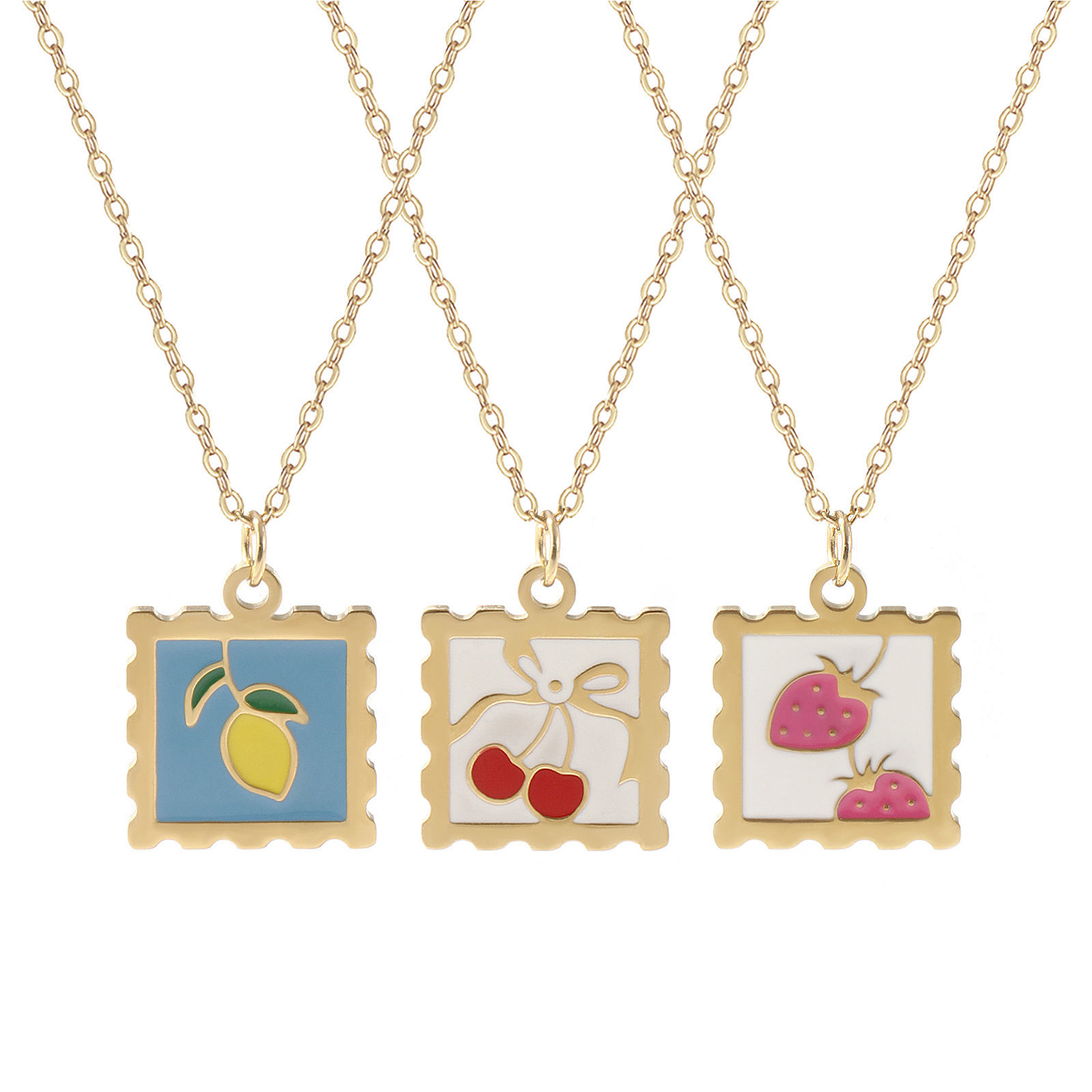 Picture of Eco-friendly PVD Vacuum Plating Sweet & Cute 18K Real Gold Plated Multicolor 304 Stainless Steel Link Cable Chain Square Fruit Enamel Pendant Charm Necklace For Women Gift 45cm(17.7") + 5cm(2") long