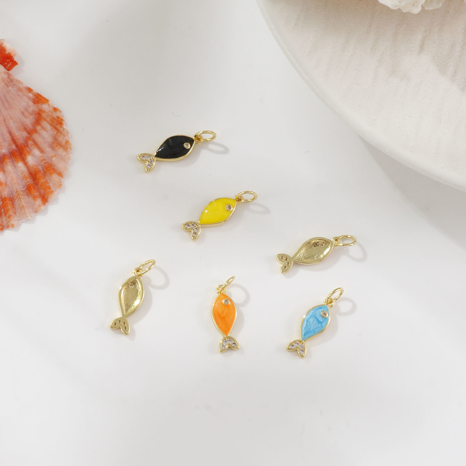 Picture of Eco-friendly Brass Ocean Jewelry Charms 18K Real Gold Plated Enamel Fish Animal Pearlized Clear Cubic Zirconia 19mm x 6mm