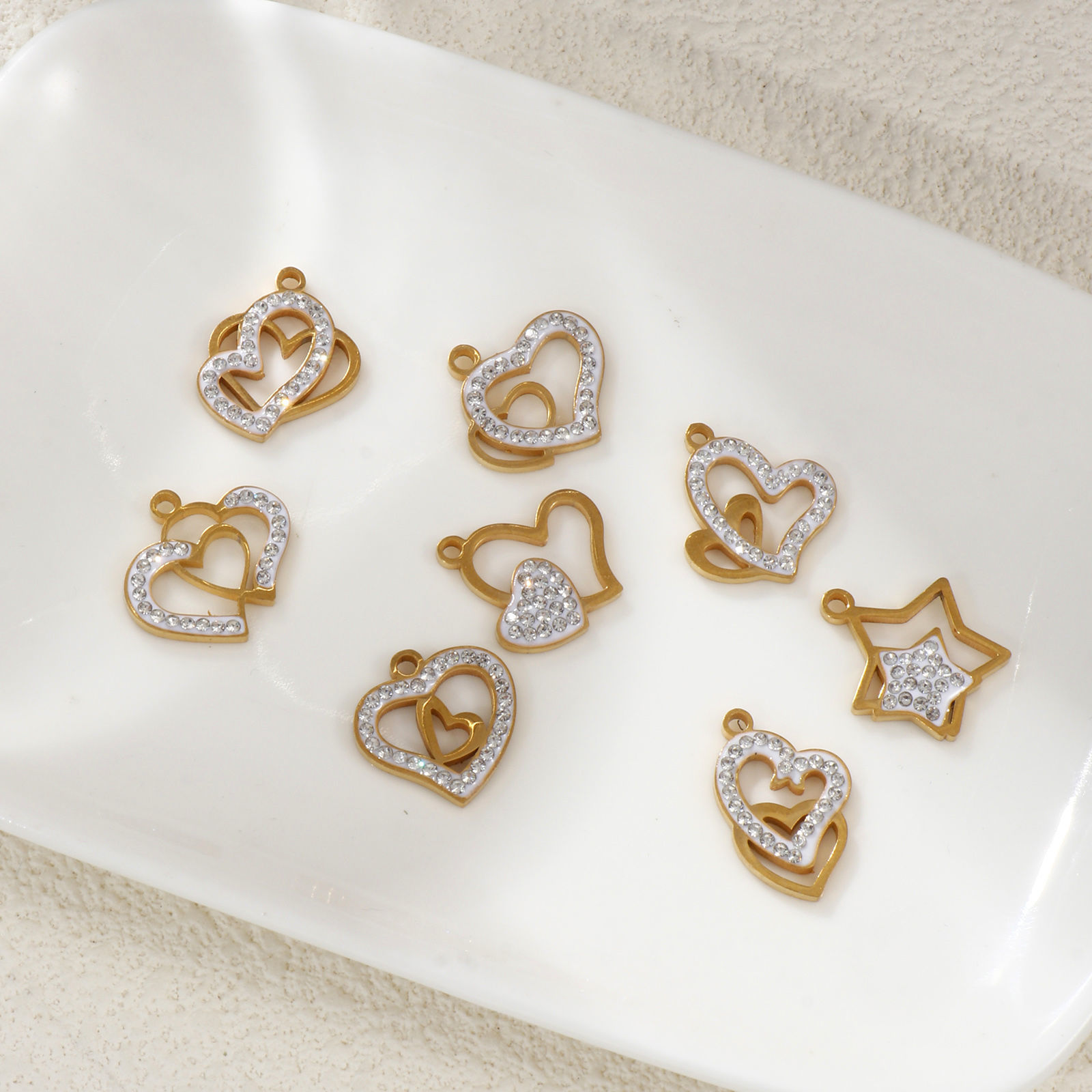 Picture of Eco-friendly PVD Vacuum Plating 304 Stainless Steel Valentine's Day Charms 18K Real Gold Plated White Enamel Heart Micro Pave Clear Rhinestone
