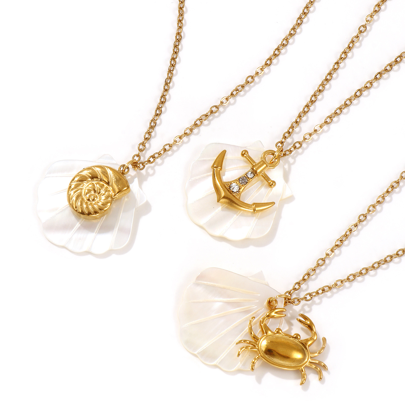 Picture of 18K Real Gold Plated Link Cable Chain Pendant Charm Necklace, 304 Stainless Steel & Natural Shell 45cm(17.7") + 5cm(2"), For Women, Exquisite Ocean Jewelry Gift, Eco-friendly PVD Vacuum Plating