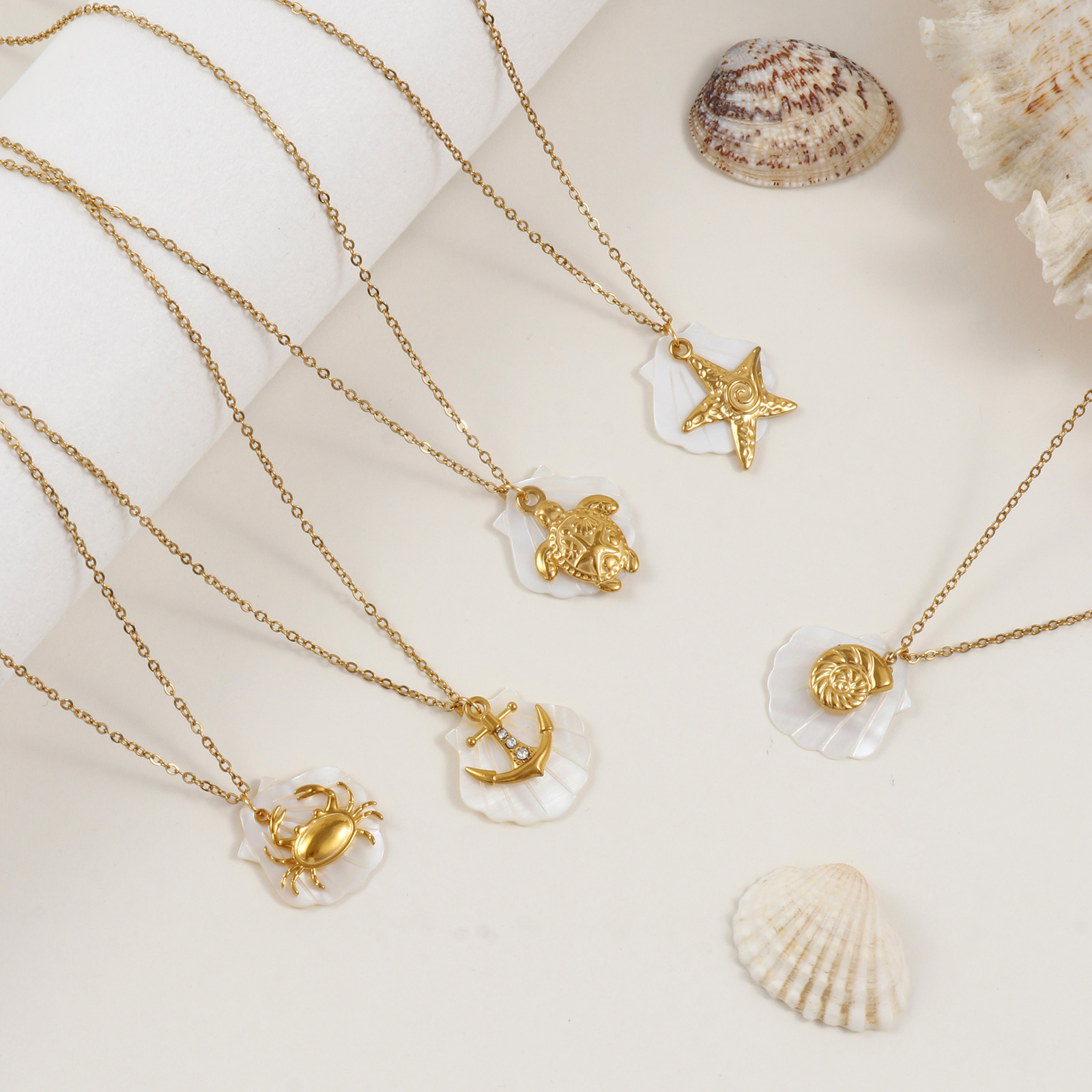 Picture of 18K Real Gold Plated Link Cable Chain Pendant Charm Necklace, 304 Stainless Steel & Natural Shell 45cm(17.7") + 5cm(2"), For Women, Exquisite Ocean Jewelry Gift, Eco-friendly PVD Vacuum Plating