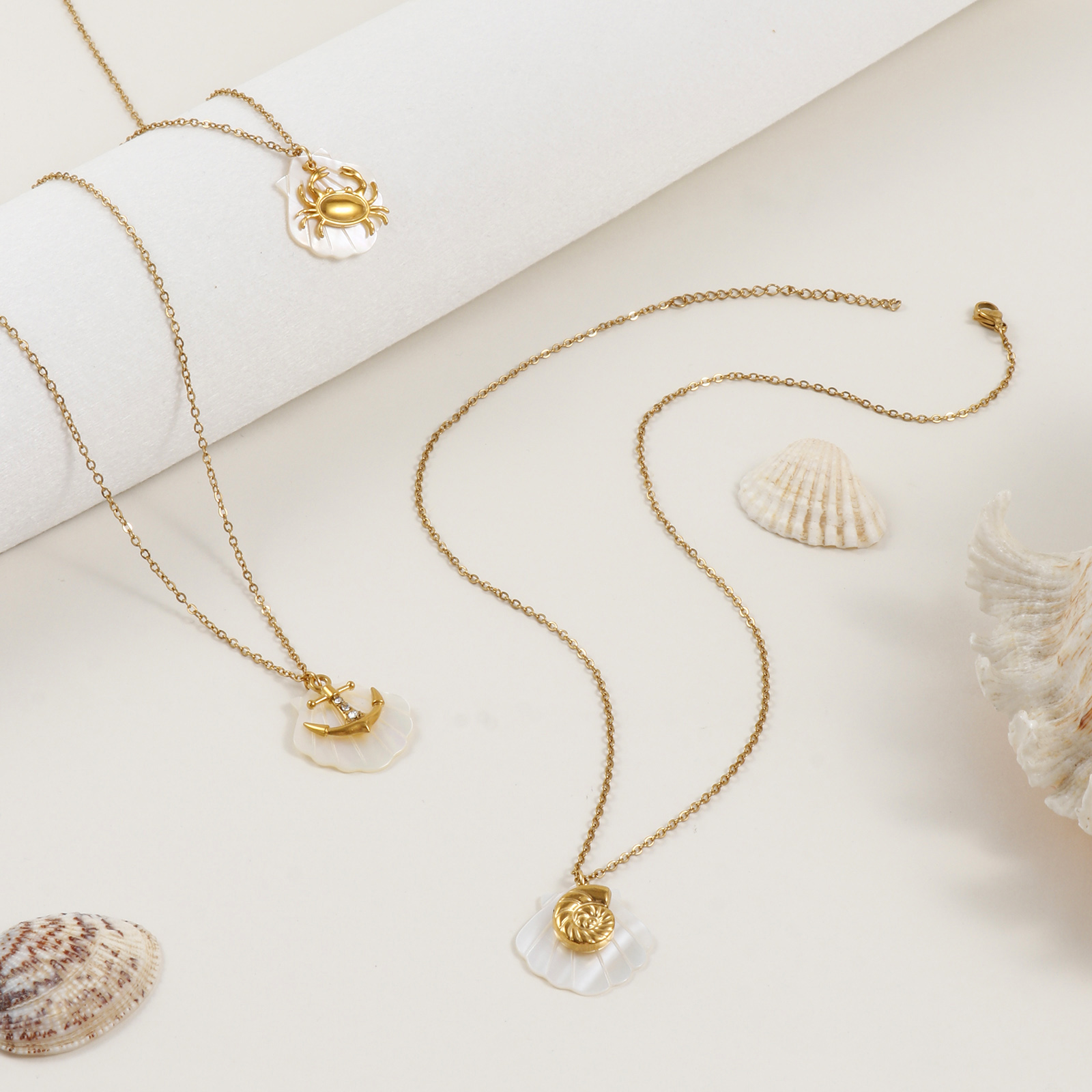 Picture of 18K Real Gold Plated Link Cable Chain Pendant Charm Necklace, 304 Stainless Steel & Natural Shell 45cm(17.7") + 5cm(2"), For Women, Exquisite Ocean Jewelry Gift, Eco-friendly PVD Vacuum Plating
