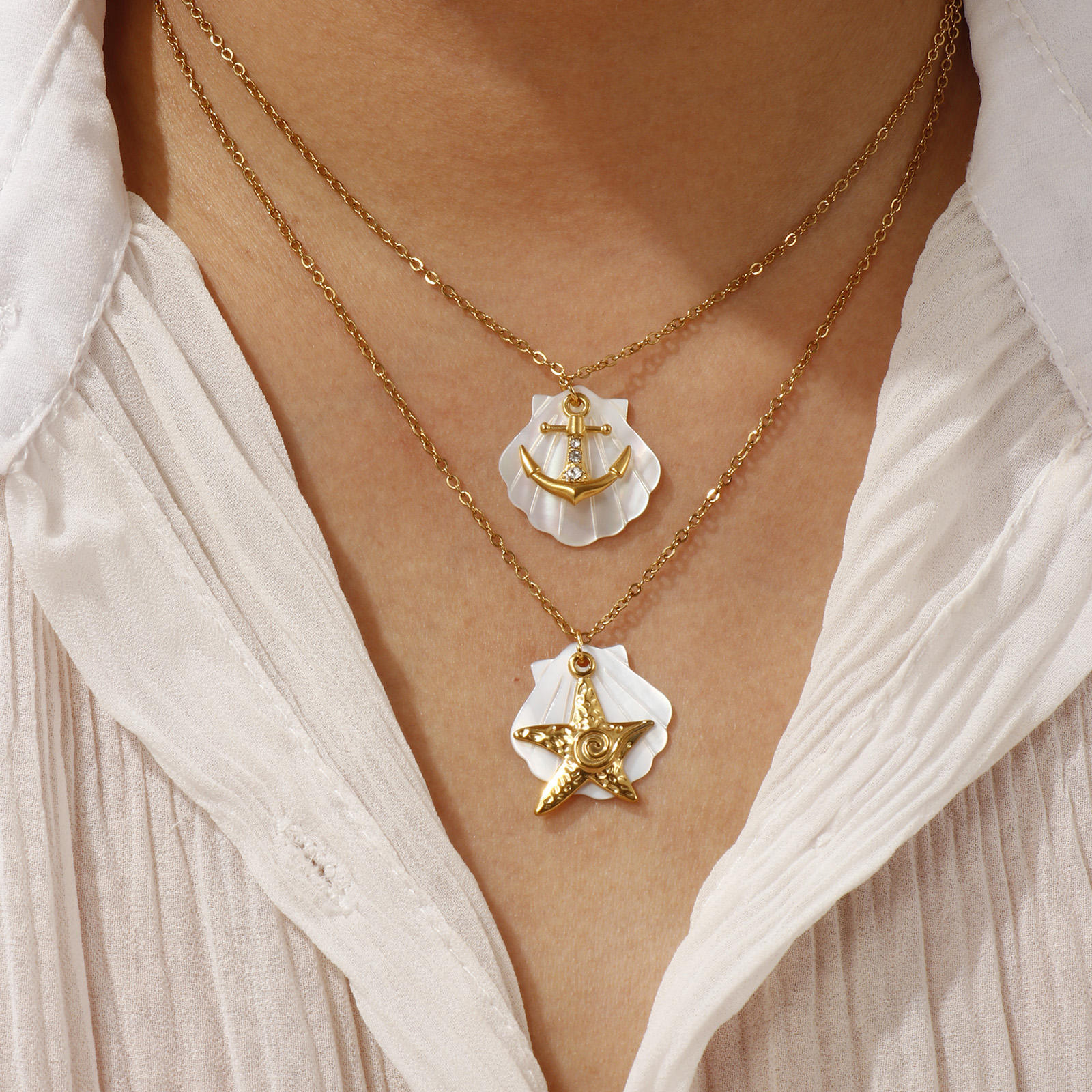 Picture of 18K Real Gold Plated Link Cable Chain Pendant Charm Necklace, 304 Stainless Steel & Natural Shell 45cm(17.7") + 5cm(2"), For Women, Exquisite Ocean Jewelry Gift, Eco-friendly PVD Vacuum Plating