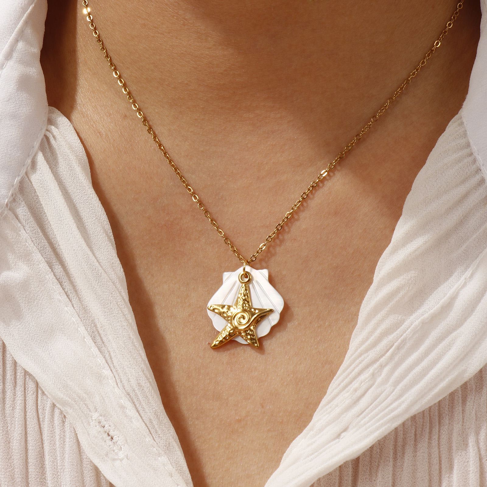 Picture of 18K Real Gold Plated Link Cable Chain Pendant Charm Necklace, 304 Stainless Steel & Natural Shell 45cm(17.7") + 5cm(2"), For Women, Exquisite Ocean Jewelry Gift, Eco-friendly PVD Vacuum Plating