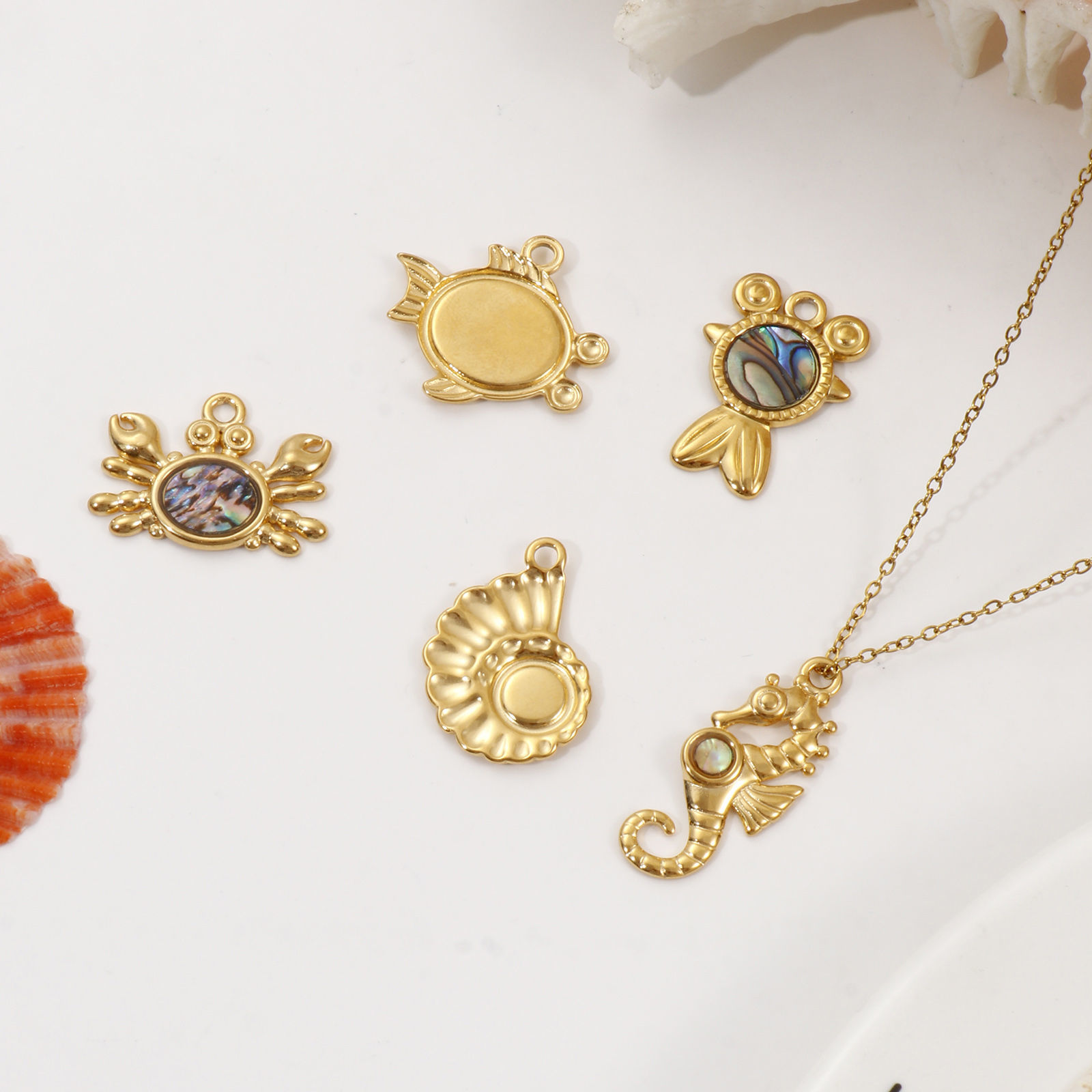 Picture of Eco-friendly PVD Vacuum Plating 304 Stainless Steel & Natural Shell Ocean Jewelry Charms 18K Real Gold Plated