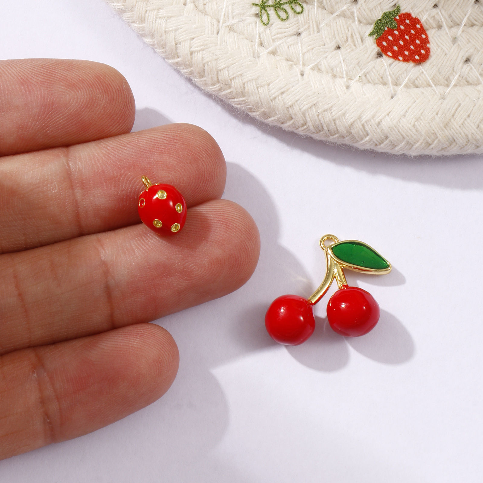 Picture of Brass Charms 18K Gold Plated Red Enamel Fruit