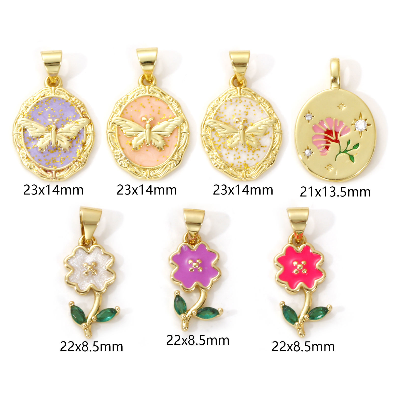 Picture of Brass Charms 18K Gold Plated Multicolor Enamel Flower Butterfly