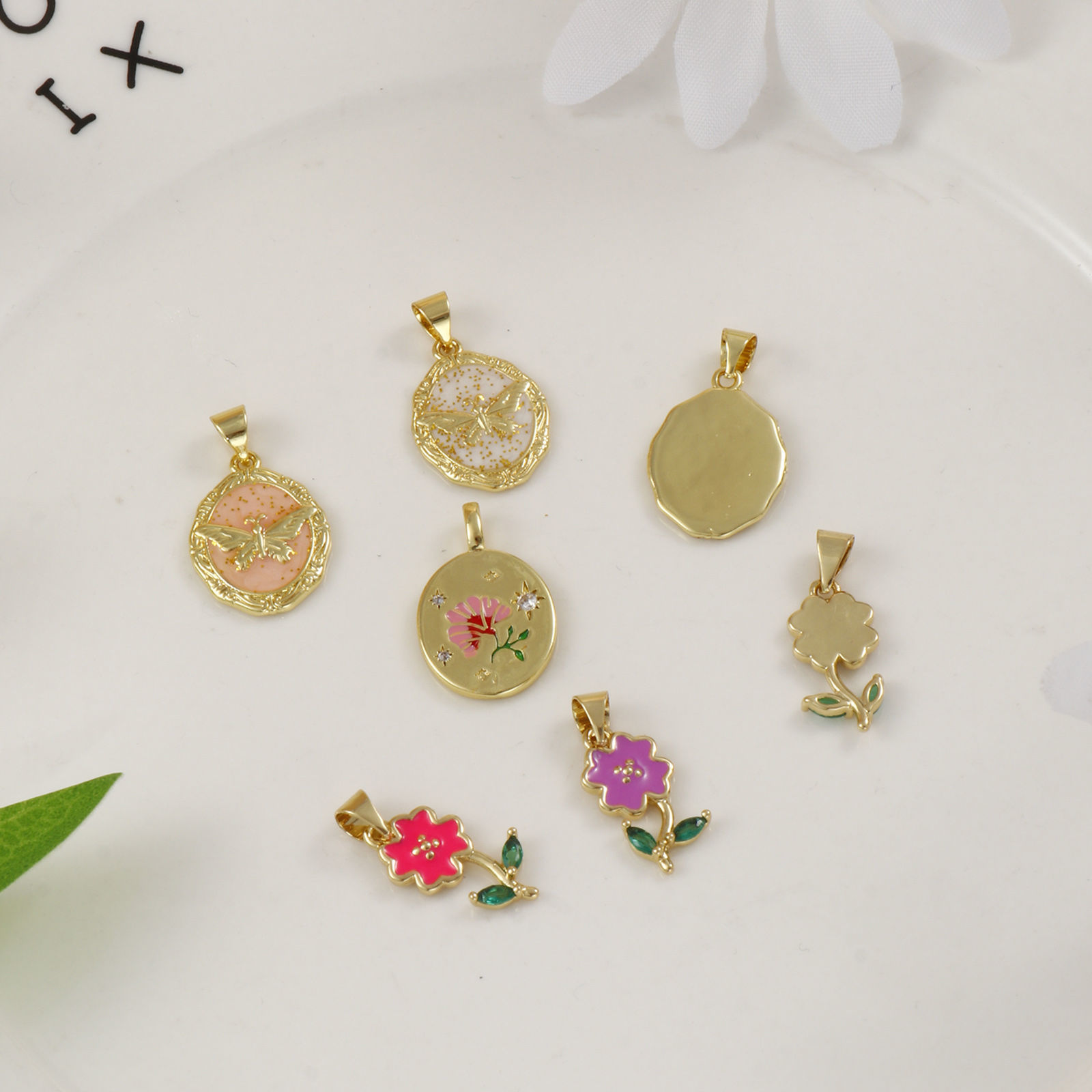 Picture of Brass Charms 18K Gold Plated Multicolor Enamel Flower Butterfly