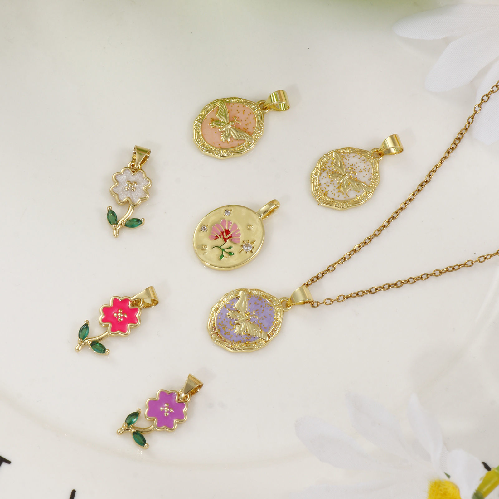 Picture of Brass Charms 18K Gold Plated Multicolor Enamel Flower Butterfly