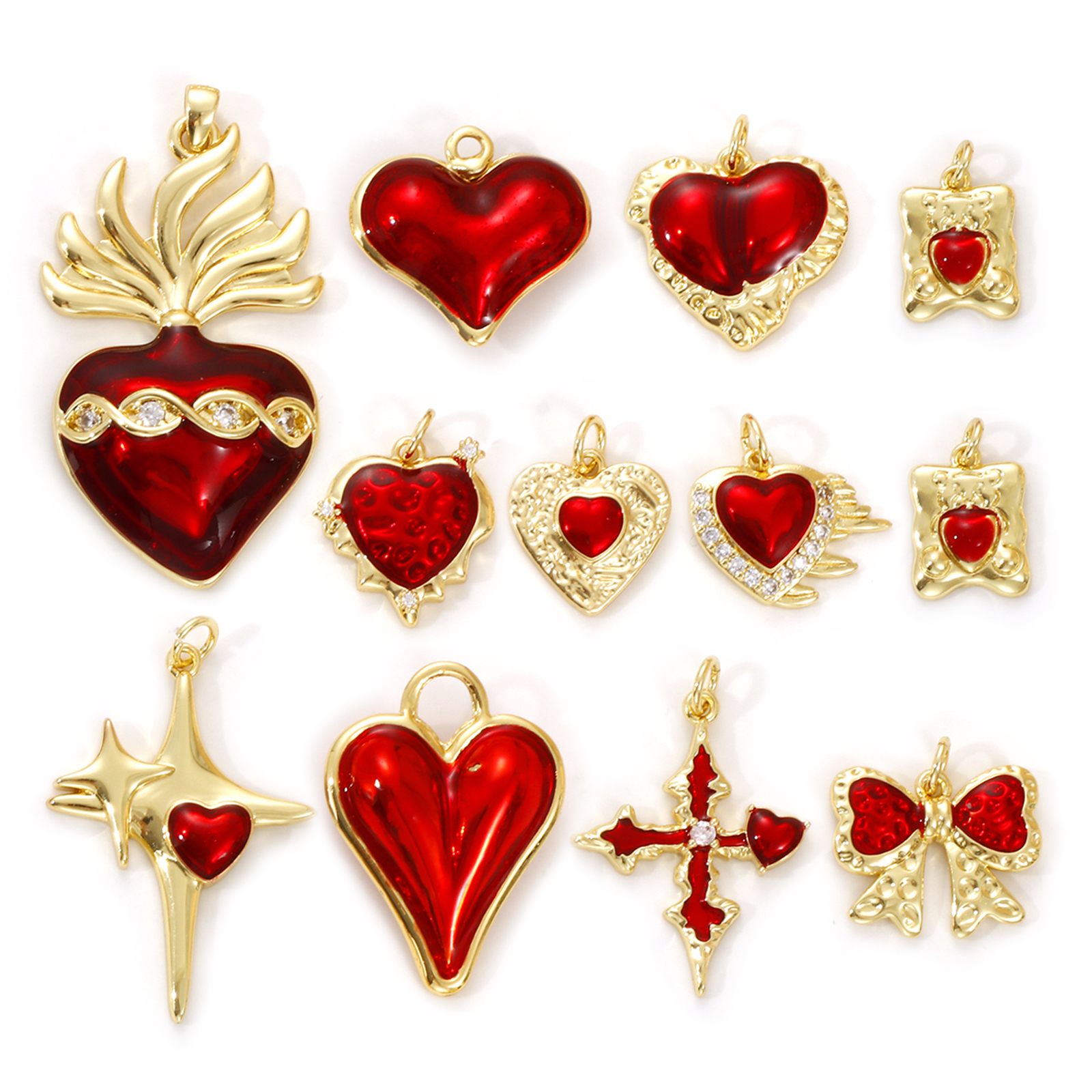 Picture of Eco-friendly Brass Charms 18K Real Gold Plated Red Enamel Heart Star