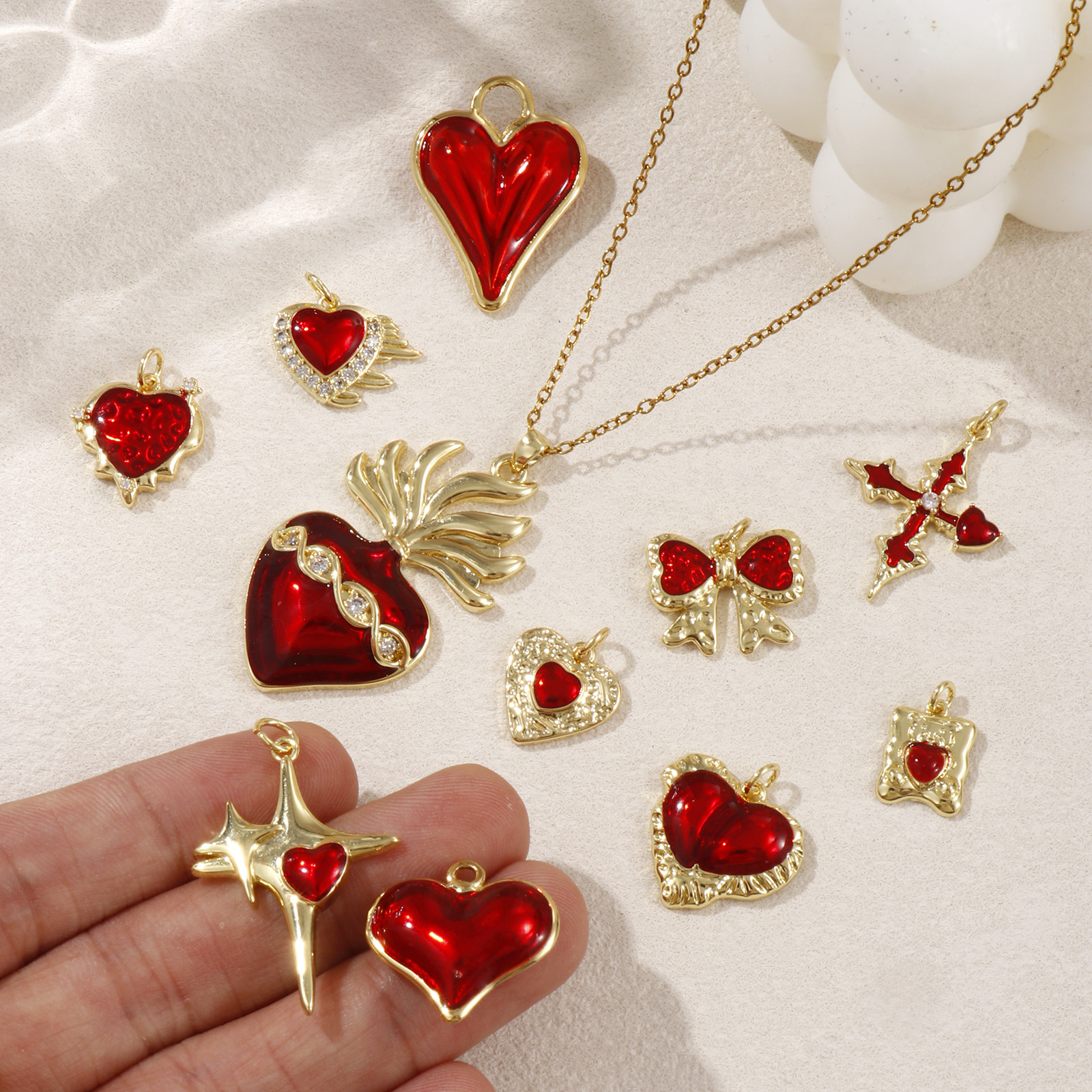 Picture of Eco-friendly Brass Charms 18K Real Gold Plated Red Enamel Heart Star