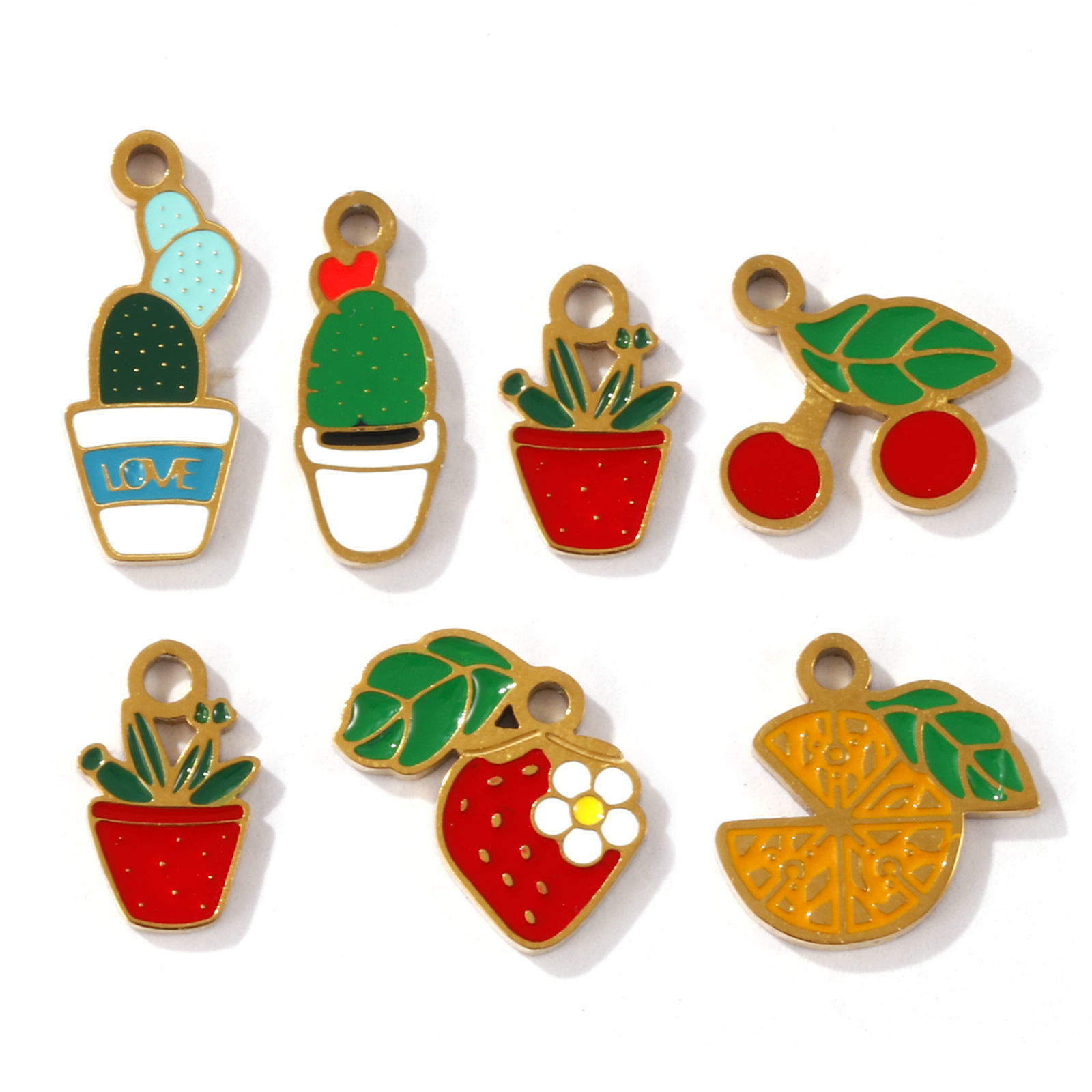 Picture of Eco-friendly PVD Vacuum Plating 304 Stainless Steel Flora Collection Charms 18K Gold Plated Pot Plant Enamel