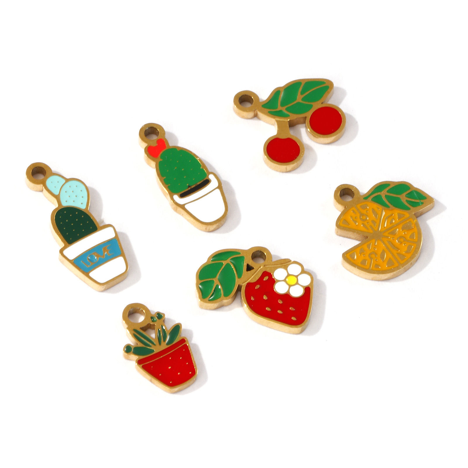 Picture of Eco-friendly PVD Vacuum Plating 304 Stainless Steel Flora Collection Charms 18K Gold Plated Pot Plant Enamel