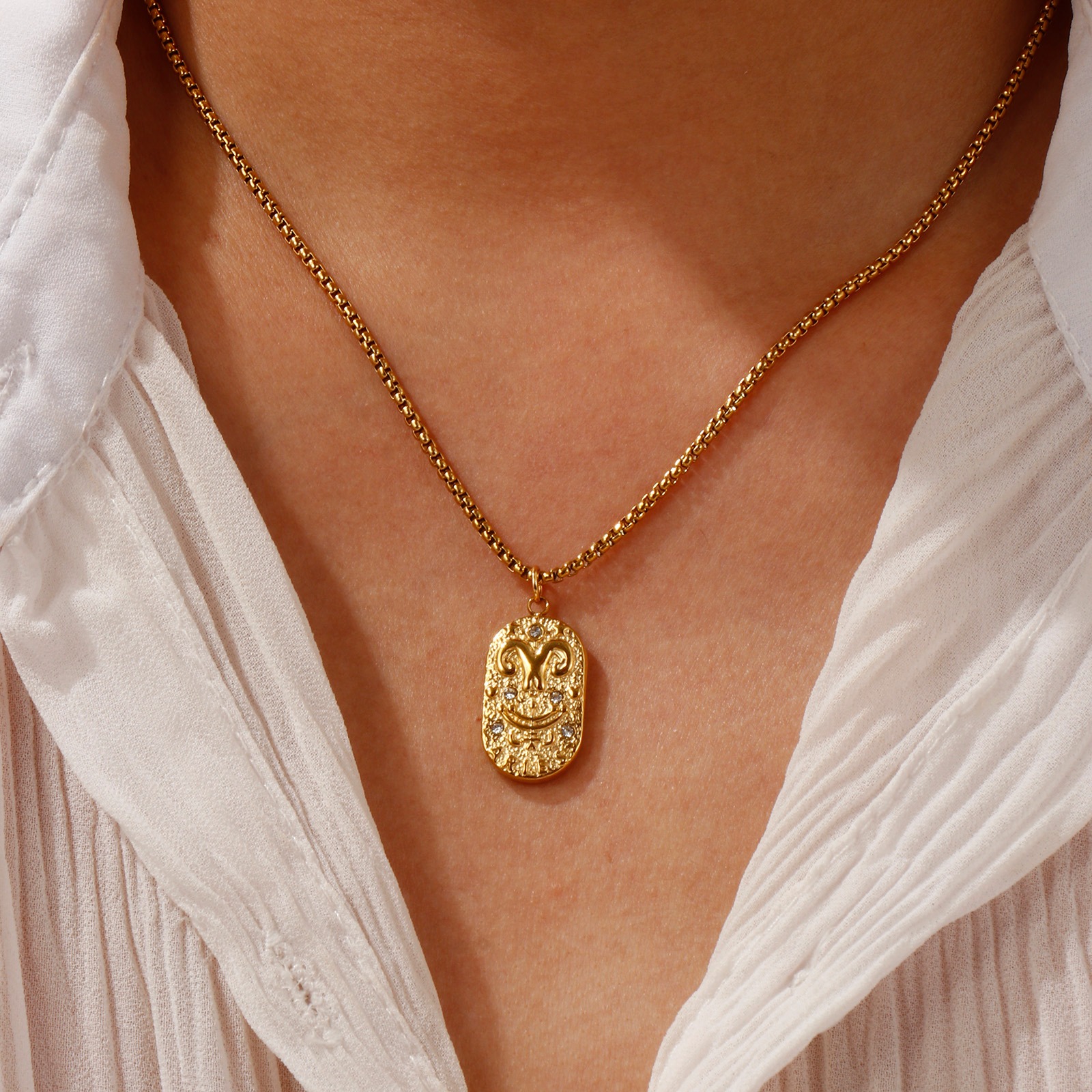 Picture of 18K Real Gold Plated Box Chain Oval Pendant Charm Necklace, 304 Stainless Steel 45cm(17.7") + 5cm(2"), Unisex, Clear Cubic Zirconia Exquisite Gift, Eco-friendly PVD Vacuum Plating