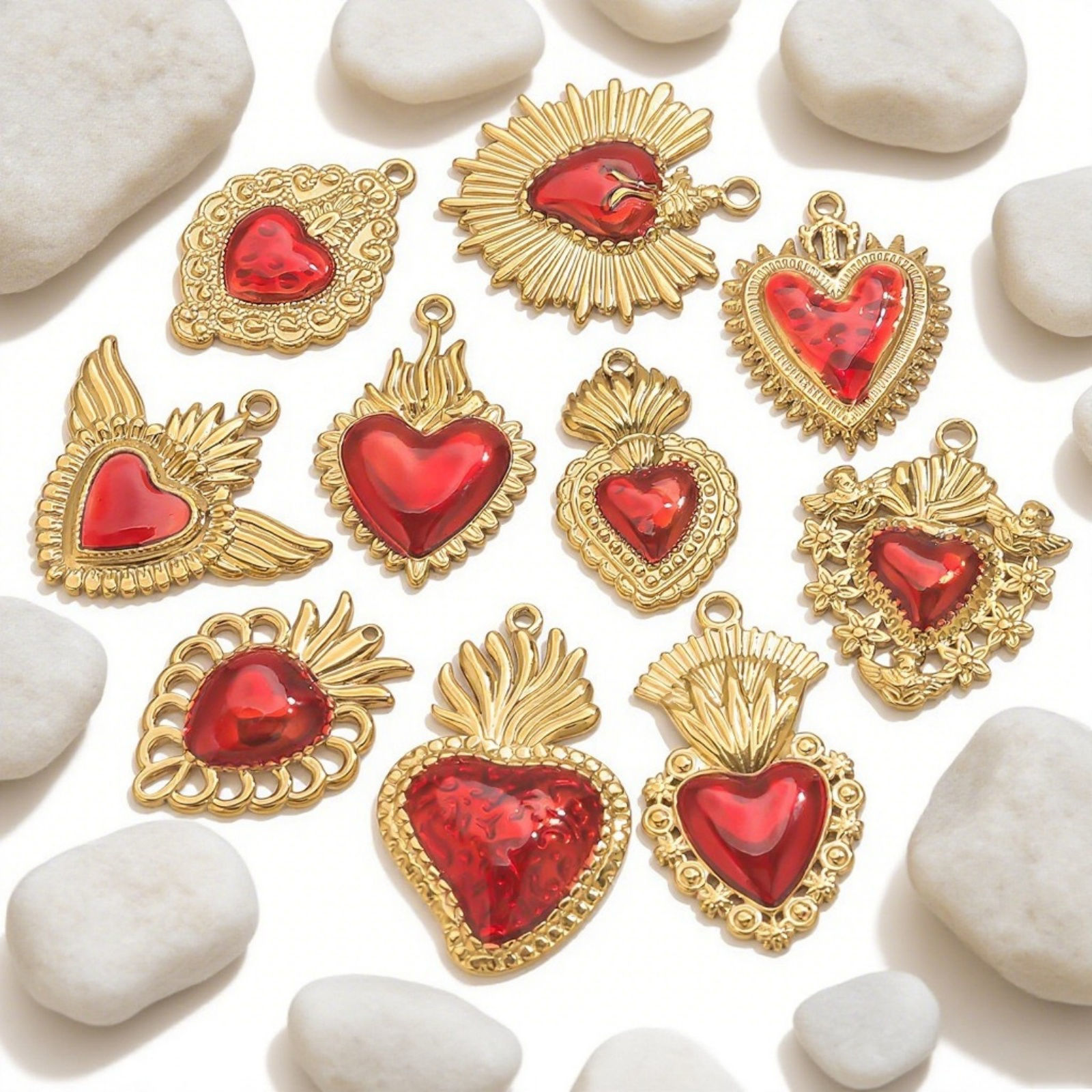 Picture of 1 Piece Eco-friendly PVD Vacuum Plating 304 Stainless Steel Pendant Charm Necklace 18K Gold Plated Red Heart Enamel