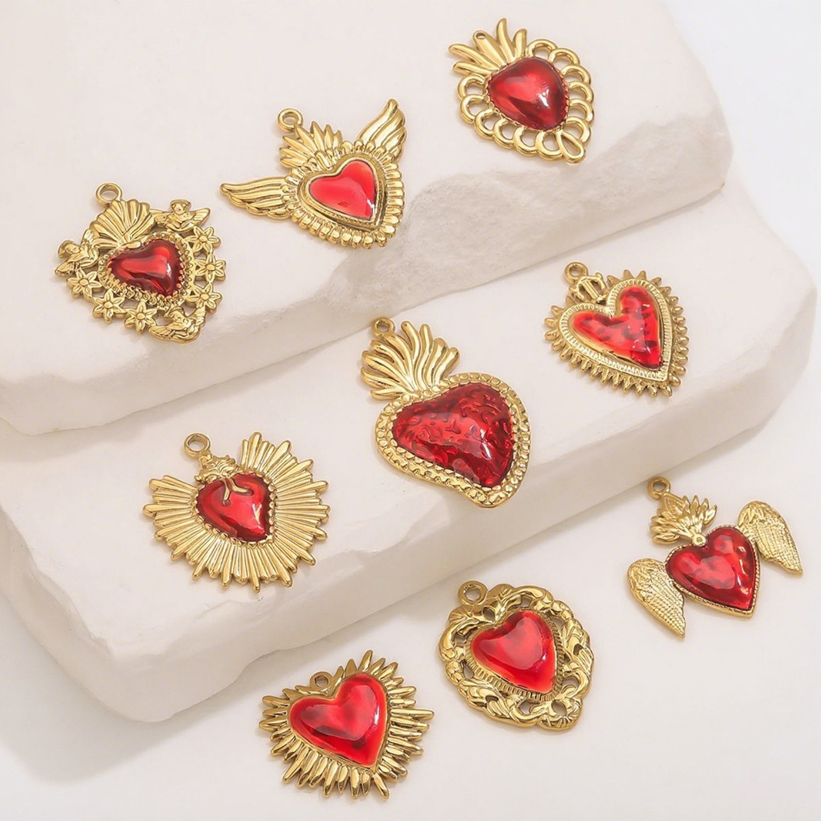 Picture of 1 Piece Eco-friendly PVD Vacuum Plating 304 Stainless Steel Pendant Charm Necklace 18K Gold Plated Red Heart Enamel