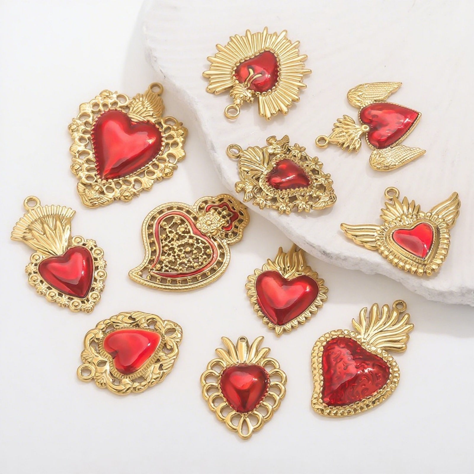 Picture of 1 Piece Eco-friendly PVD Vacuum Plating 304 Stainless Steel Pendant Charm Necklace 18K Gold Plated Red Heart Enamel