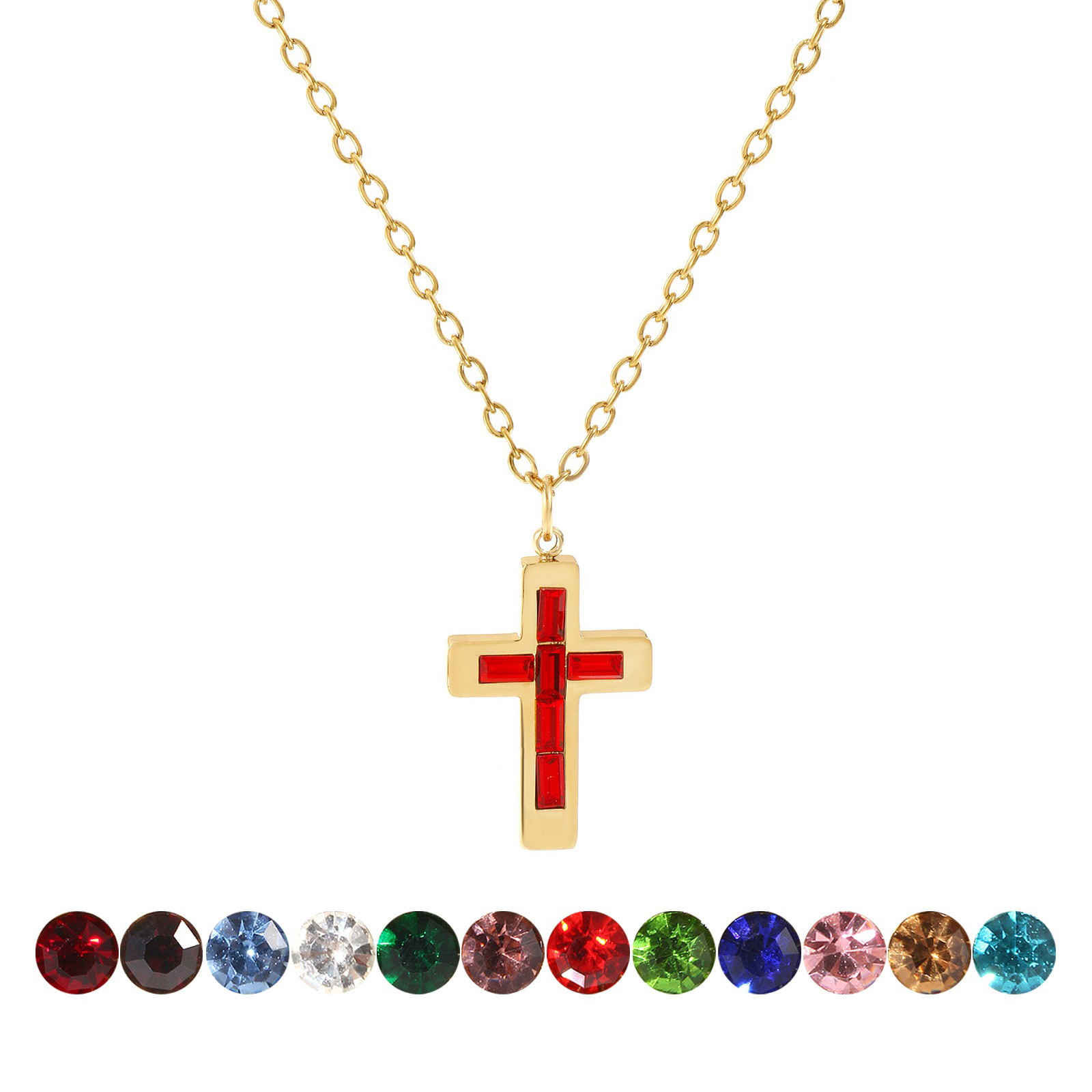 Picture of 18K Real Gold Plated Link Cable Chain Cross Pendant Charm Necklace, 304 Stainless Steel 45cm(17.7") + 5cm(2"), For Women, Birthstone Religious Eco-friendly PVD Vacuum Plating