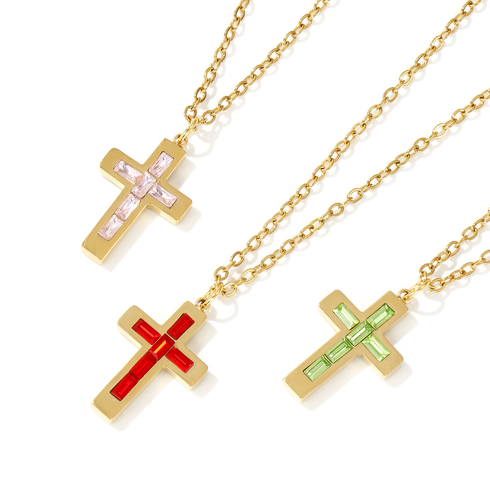 Picture of 18K Real Gold Plated Link Cable Chain Cross Pendant Charm Necklace, 304 Stainless Steel 45cm(17.7") + 5cm(2"), For Women, Birthstone Religious Eco-friendly PVD Vacuum Plating