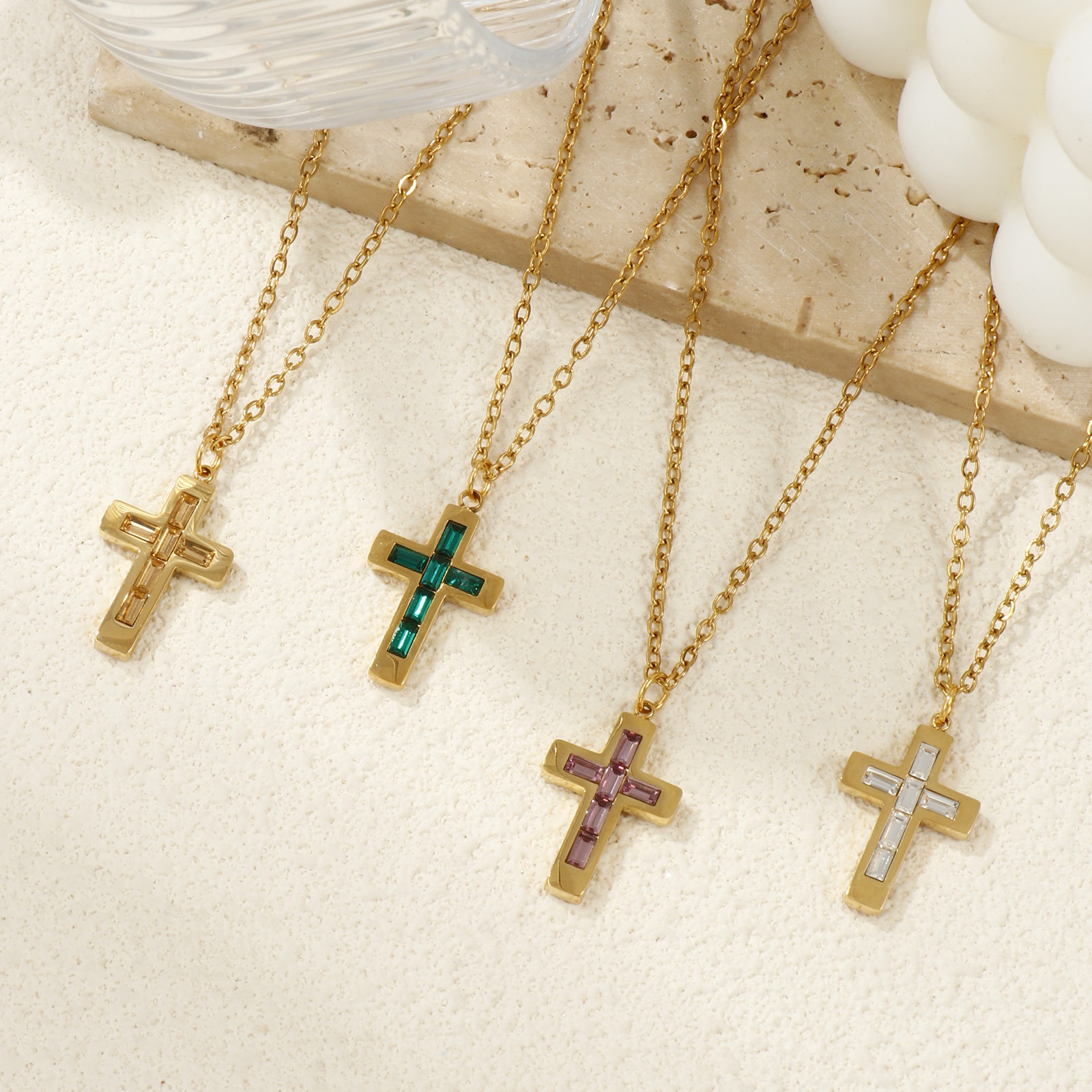 Picture of 18K Real Gold Plated Link Cable Chain Cross Pendant Charm Necklace, 304 Stainless Steel 45cm(17.7") + 5cm(2"), For Women, Birthstone Religious Eco-friendly PVD Vacuum Plating