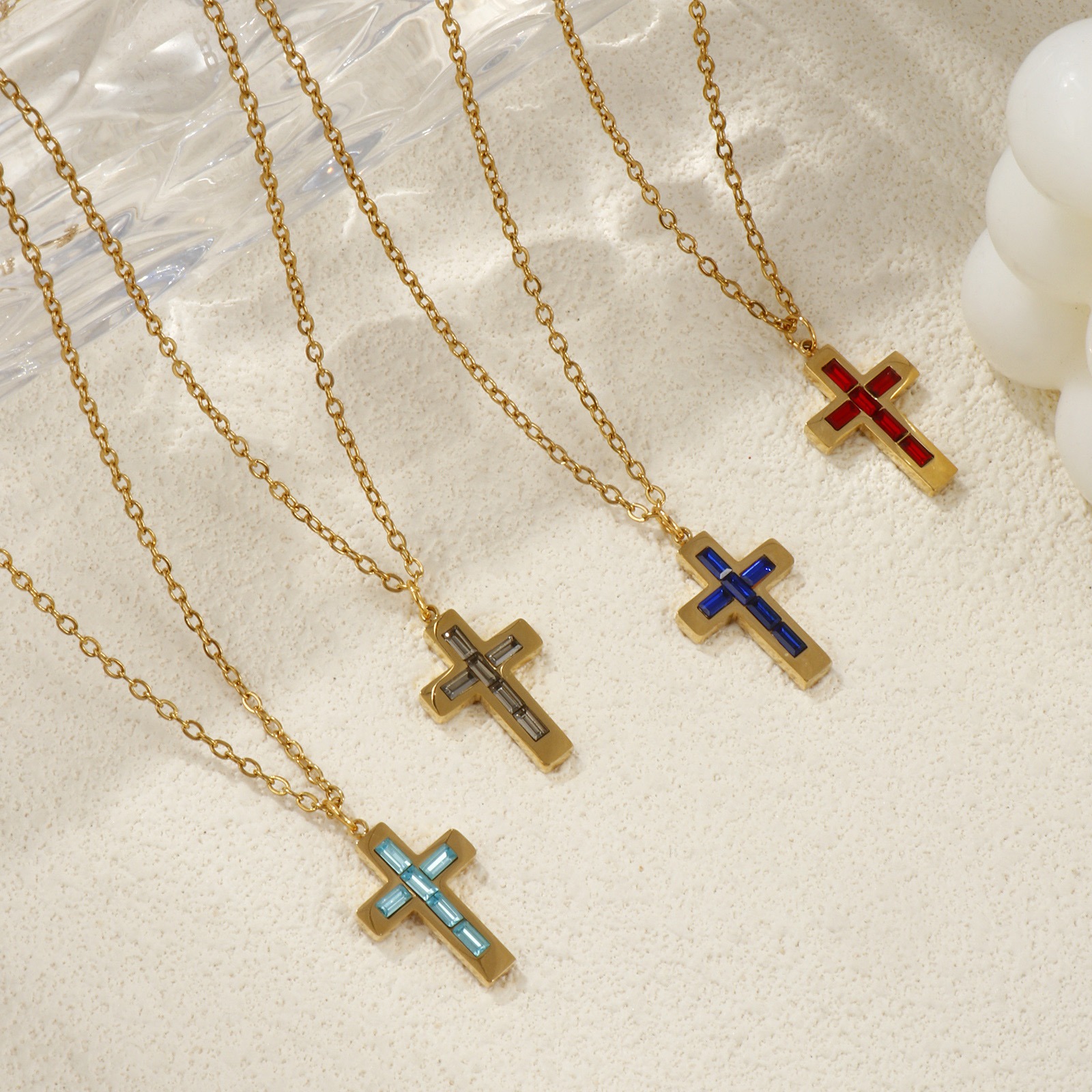 Picture of 18K Real Gold Plated Link Cable Chain Cross Pendant Charm Necklace, 304 Stainless Steel 45cm(17.7") + 5cm(2"), For Women, Birthstone Religious Eco-friendly PVD Vacuum Plating