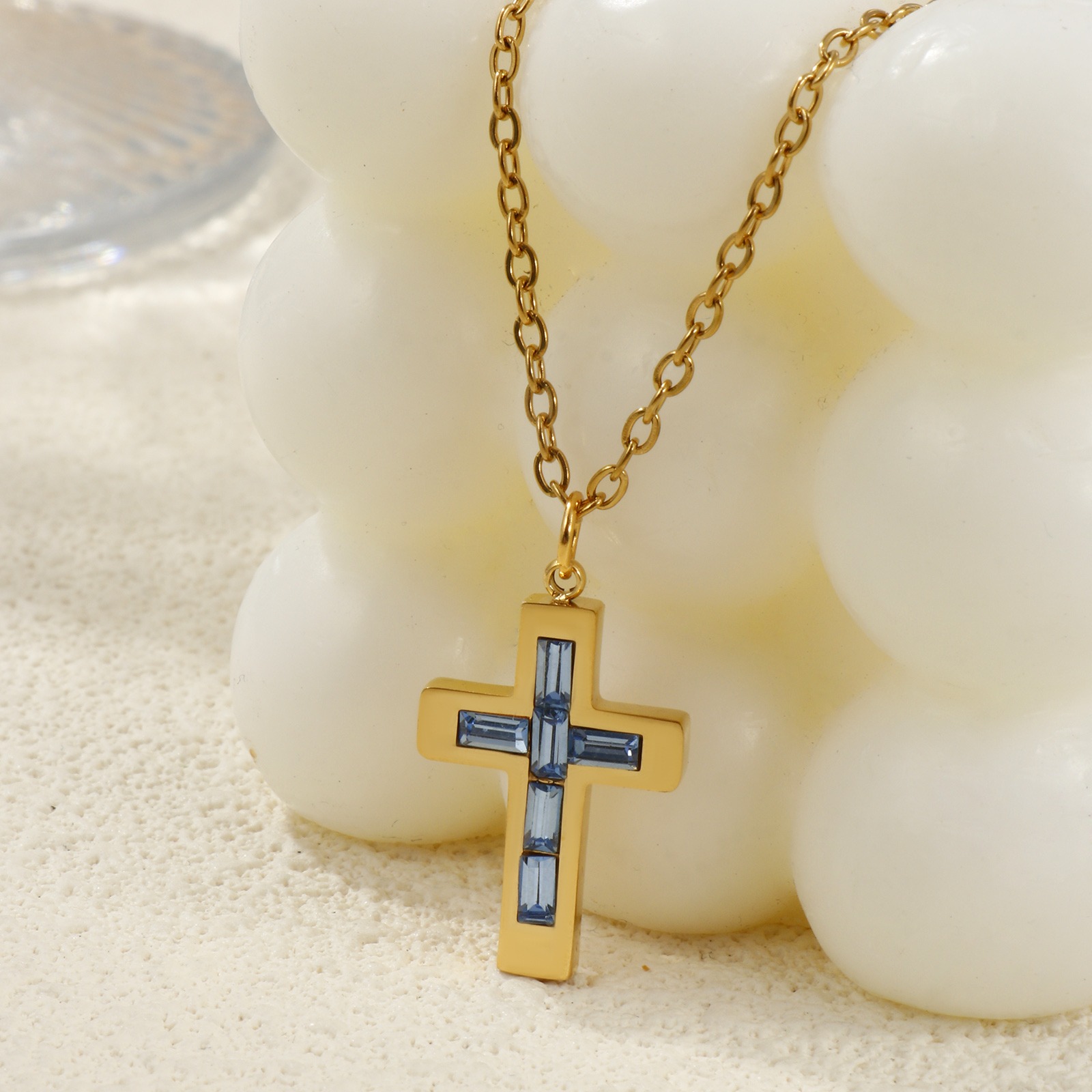 Picture of 18K Real Gold Plated Link Cable Chain Cross Pendant Charm Necklace, 304 Stainless Steel 45cm(17.7") + 5cm(2"), For Women, Birthstone Religious Eco-friendly PVD Vacuum Plating