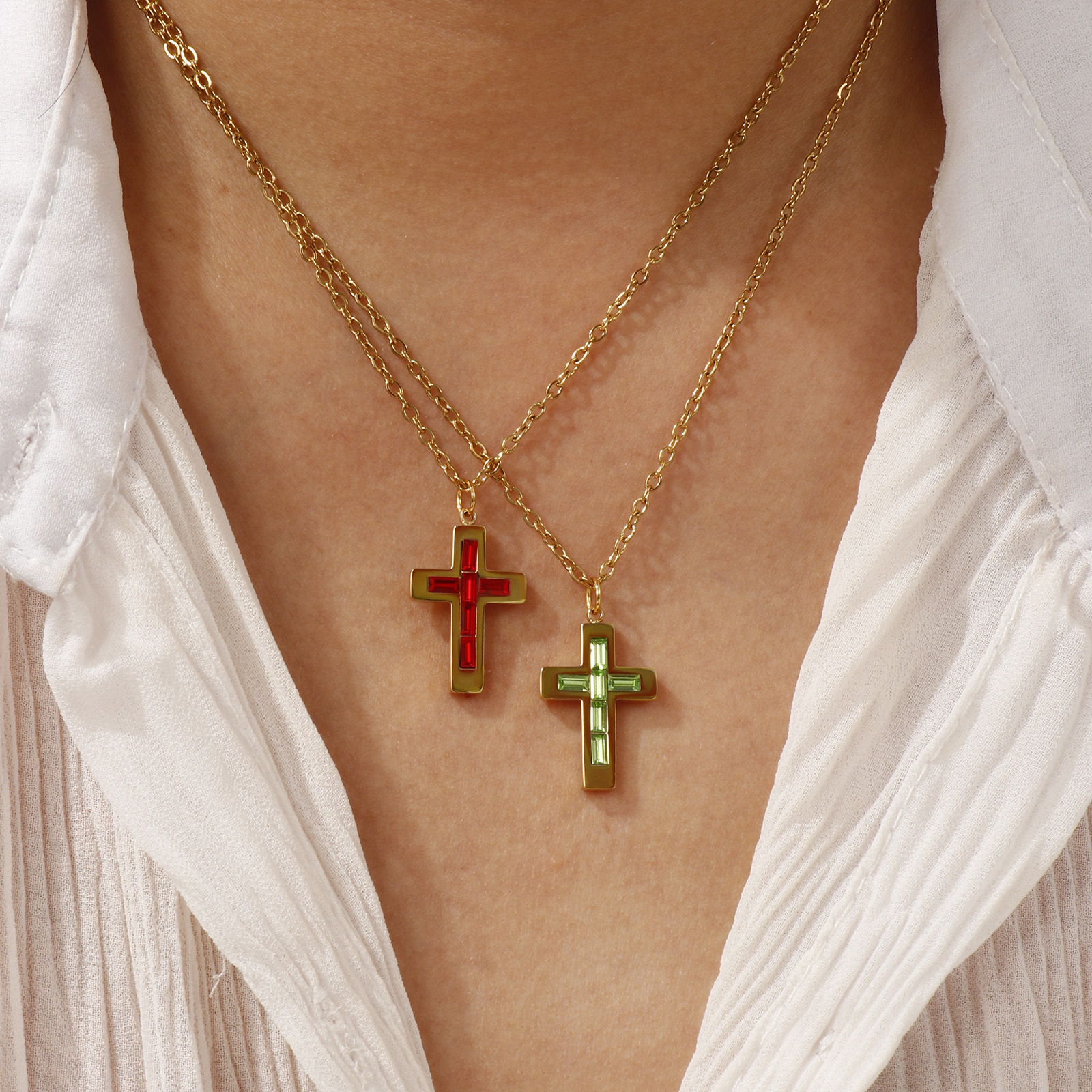 Picture of 18K Real Gold Plated Link Cable Chain Cross Pendant Charm Necklace, 304 Stainless Steel 45cm(17.7") + 5cm(2"), For Women, Birthstone Religious Eco-friendly PVD Vacuum Plating