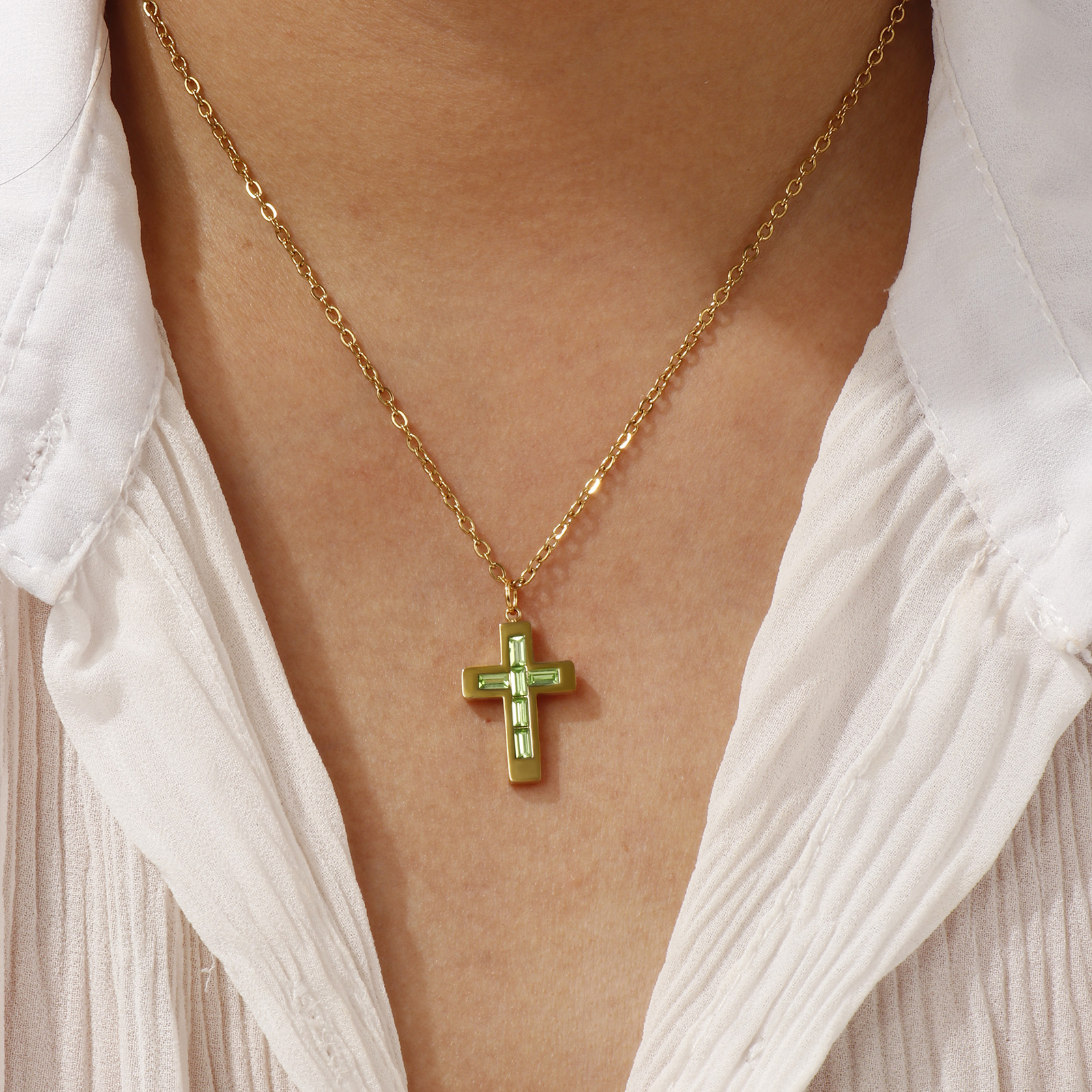 Picture of 18K Real Gold Plated Link Cable Chain Cross Pendant Charm Necklace, 304 Stainless Steel 45cm(17.7") + 5cm(2"), For Women, Birthstone Religious Eco-friendly PVD Vacuum Plating