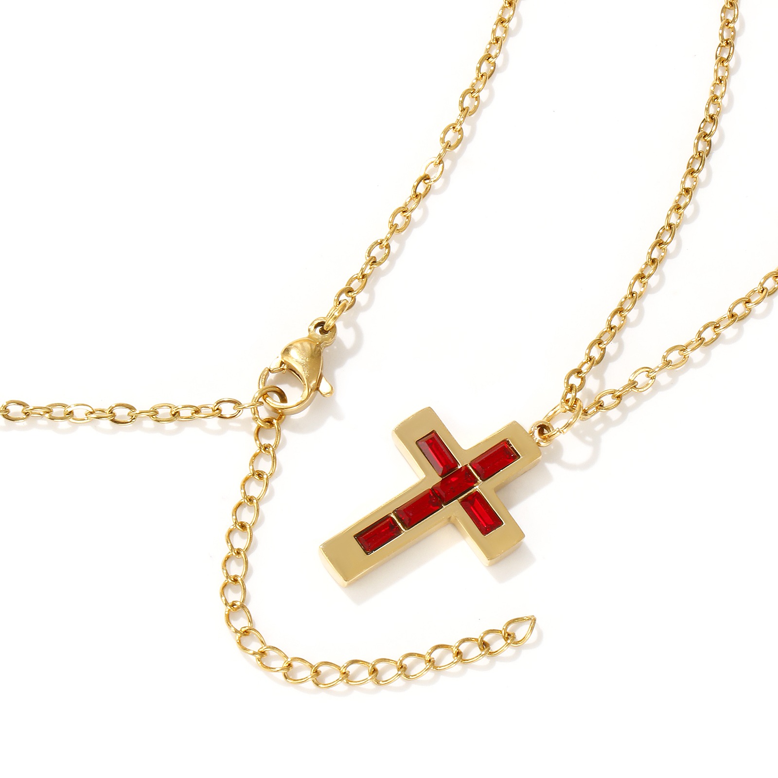 Picture of 18K Real Gold Plated Link Cable Chain Cross Pendant Charm Necklace, 304 Stainless Steel 45cm(17.7") + 5cm(2"), For Women, Birthstone Religious Eco-friendly PVD Vacuum Plating