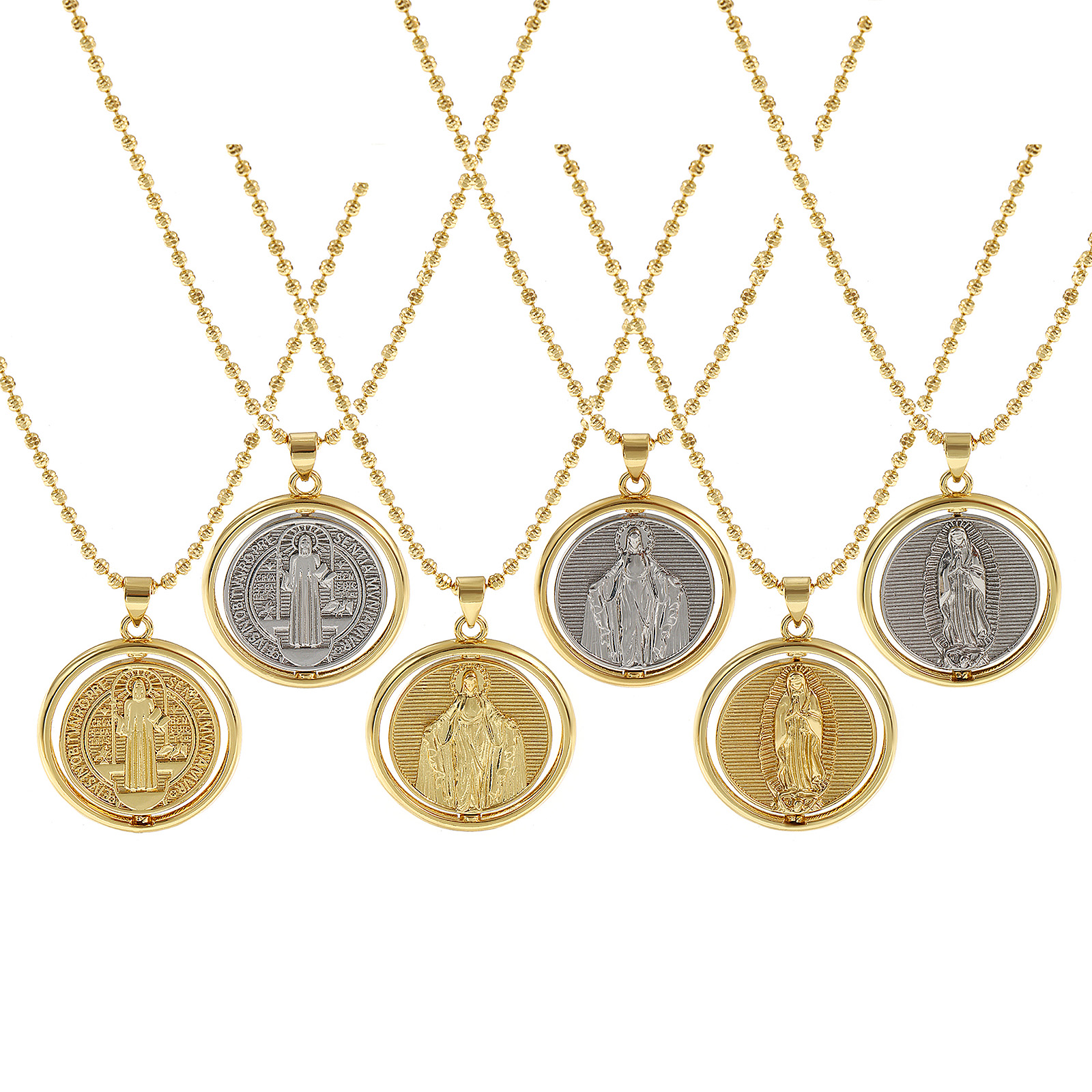 Picture of 18K Real Gold Plated Ball Chain St. Benedict Medal Pendant Charm Necklace, Brass 45cm(17.7") + 5cm(2"), For Women, Double-sided Rotatable, Exquisite Religious Eco-friendly