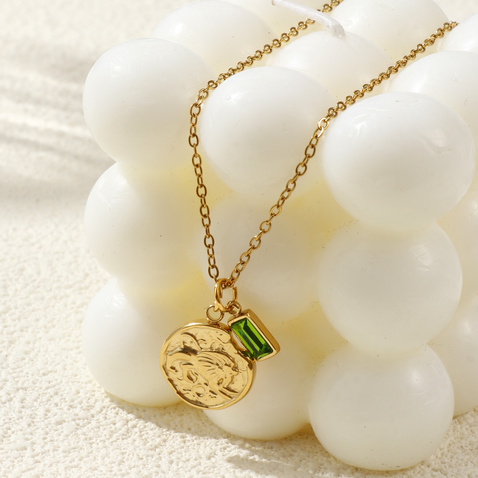Picture of 18K Real Gold Plated Link Cable Chain Disc Pendant Charm Necklace, 304 Stainless Steel 45cm(17.7") + 5cm(2"), Constellation Birthstone Eco-friendly PVD Vacuum Plating