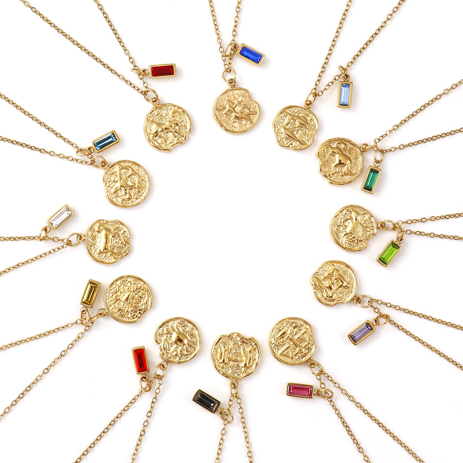 Picture of 18K Real Gold Plated Link Cable Chain Disc Pendant Charm Necklace, 304 Stainless Steel 45cm(17.7") + 5cm(2"), Constellation Birthstone Eco-friendly PVD Vacuum Plating