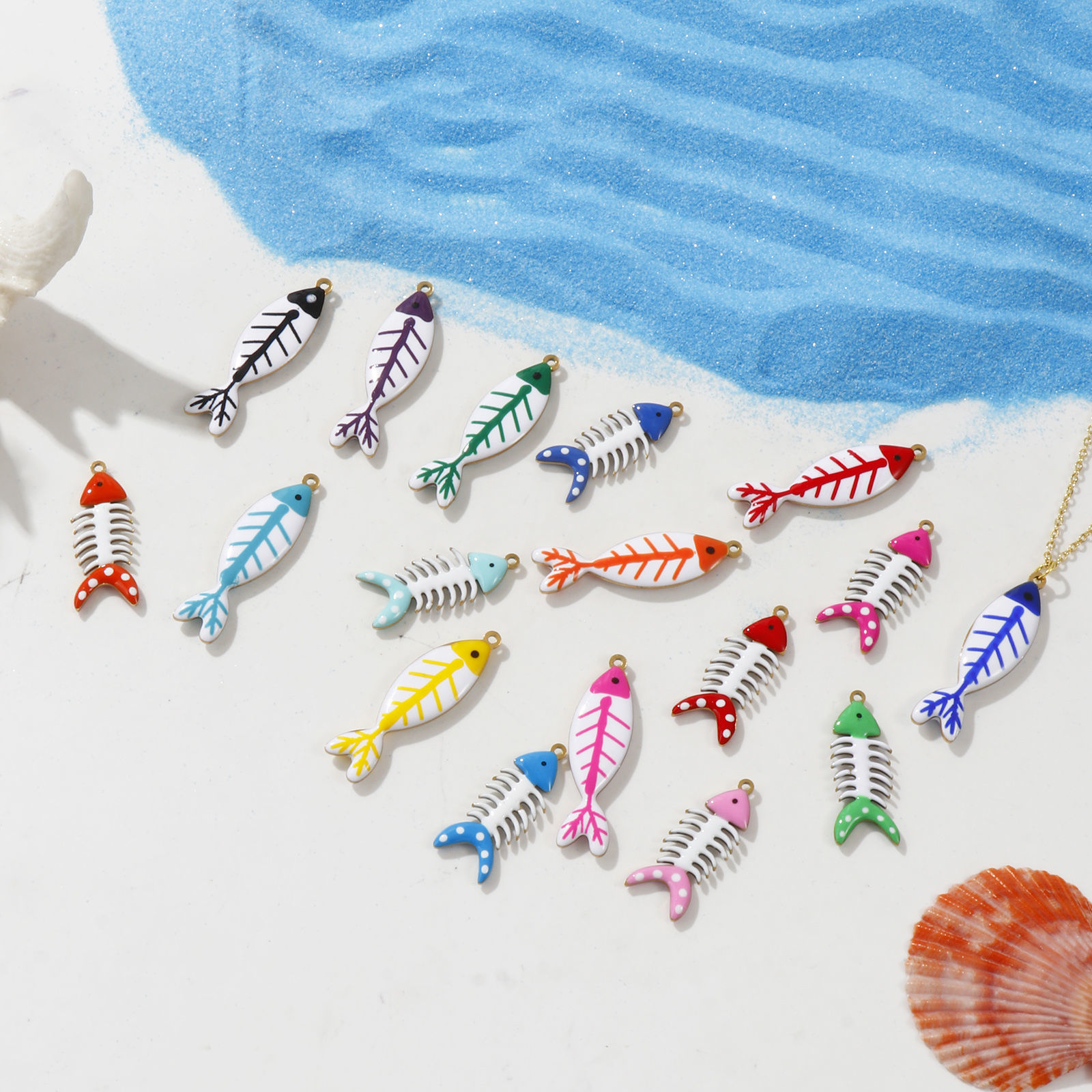 Picture of Eco-friendly PVD Vacuum Plating 304 Stainless Steel Ocean Jewelry Pendants 18K Gold Plated Fish Bone Double-sided Enamel