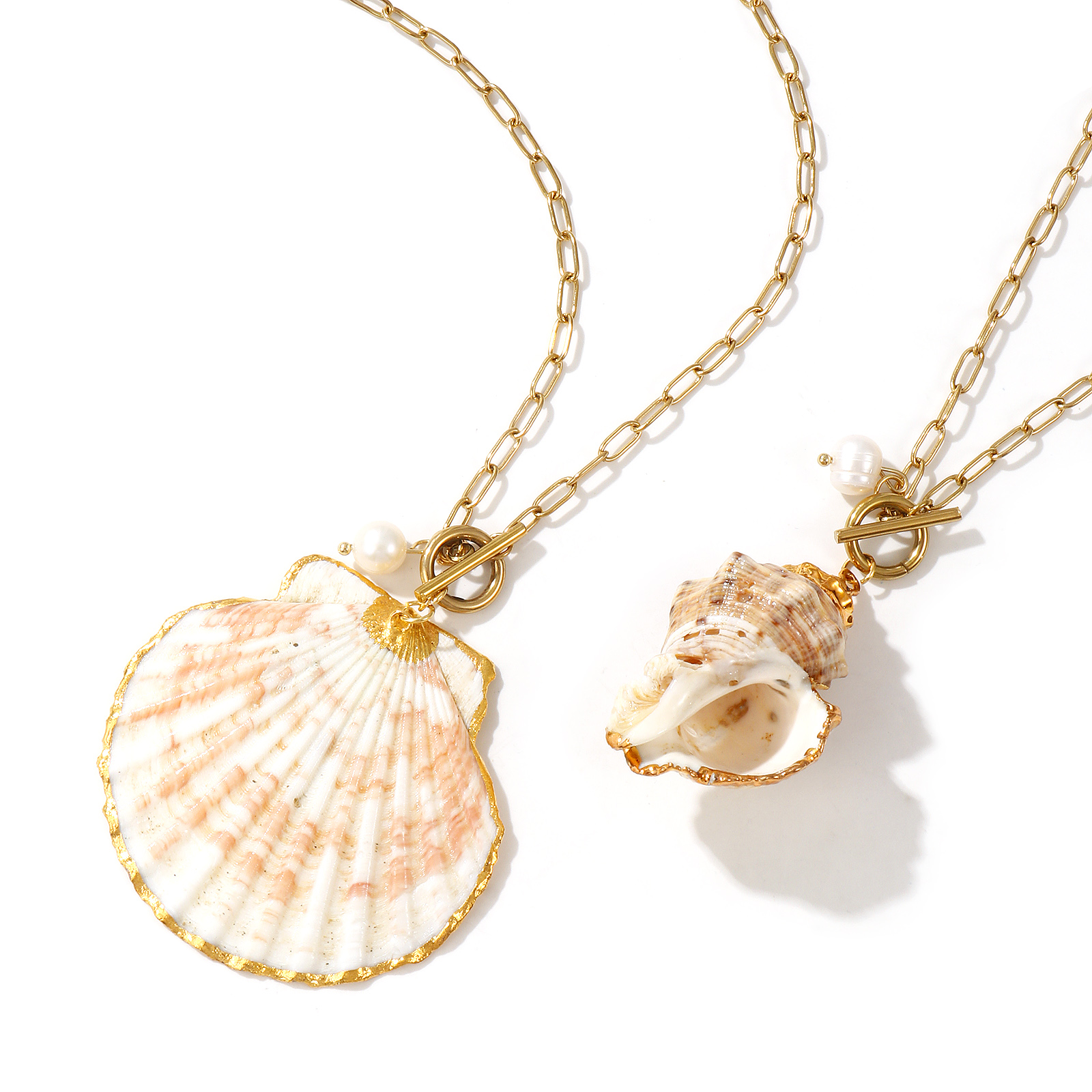 Picture of 18K Real Gold Plated Paperclip Link Chain Pendant Charm Necklace, 304 Stainless Steel & Natural Shell 45cm(17.7"), For Women, Natural Dainty Casual Gift, Eco-friendly PVD Vacuum Plating