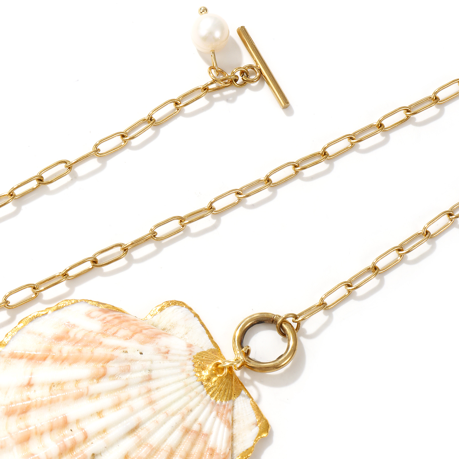 Picture of 18K Real Gold Plated Paperclip Link Chain Pendant Charm Necklace, 304 Stainless Steel & Natural Shell 45cm(17.7"), For Women, Natural Dainty Casual Gift, Eco-friendly PVD Vacuum Plating