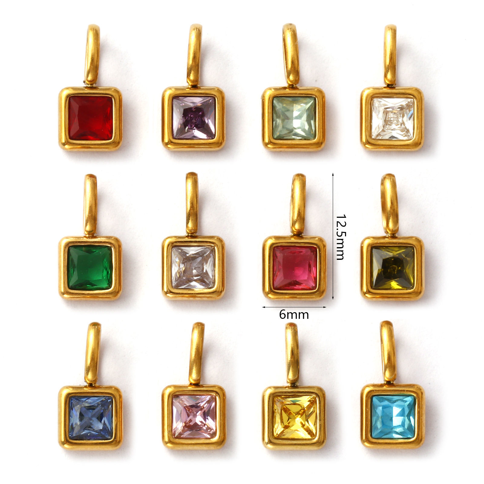 Picture of 1 Piece Eco-friendly PVD Vacuum Plating 304 Stainless Steel & Glass Birthstone Charms 18K Real Gold Plated Square Mini 12.5mm x 6mm