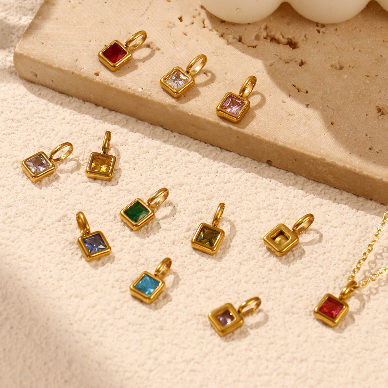 Picture of 1 Piece Eco-friendly PVD Vacuum Plating 304 Stainless Steel & Glass Birthstone Charms 18K Real Gold Plated Square Mini 12.5mm x 6mm
