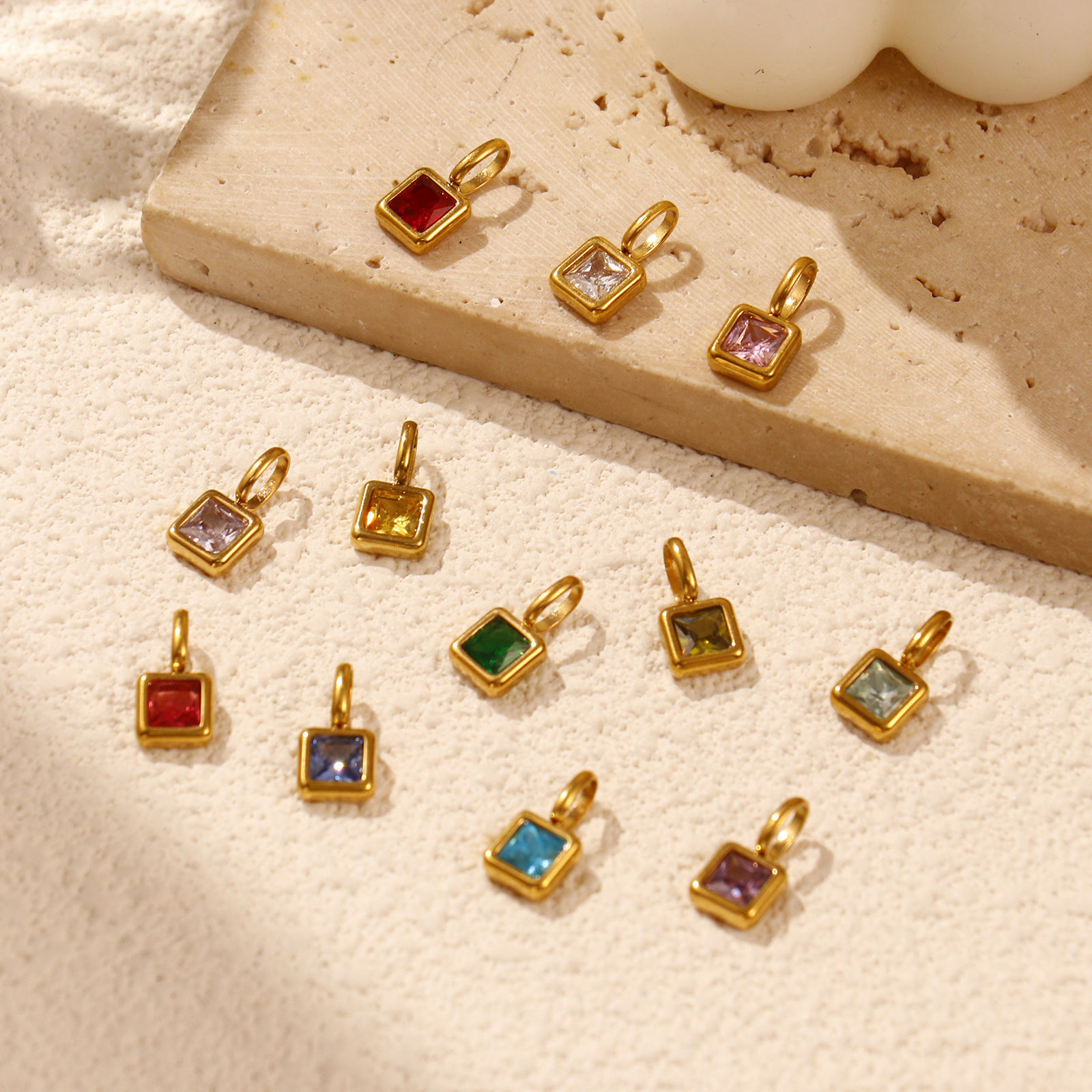 Picture of 1 Piece Eco-friendly PVD Vacuum Plating 304 Stainless Steel & Glass Birthstone Charms 18K Real Gold Plated Square Mini 12.5mm x 6mm