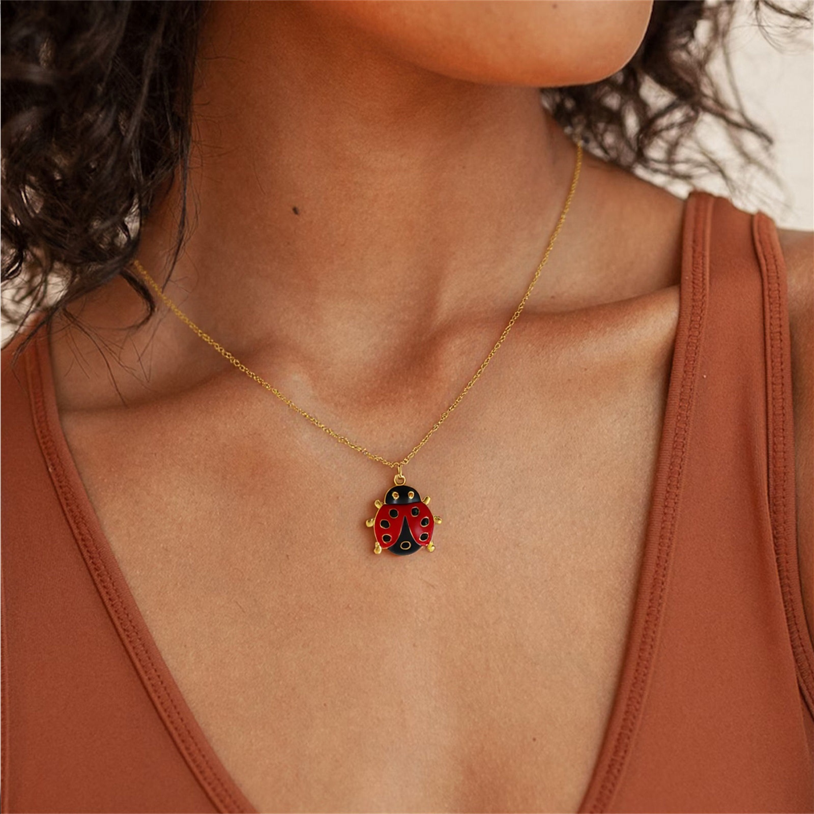 Picture of 18K Real Gold Plated Ladybug Animal Pendant Charm Necklace, 304 Stainless Steel For Women, Insect Natural Pastoral Gift, Eco-friendly PVD Vacuum Plating