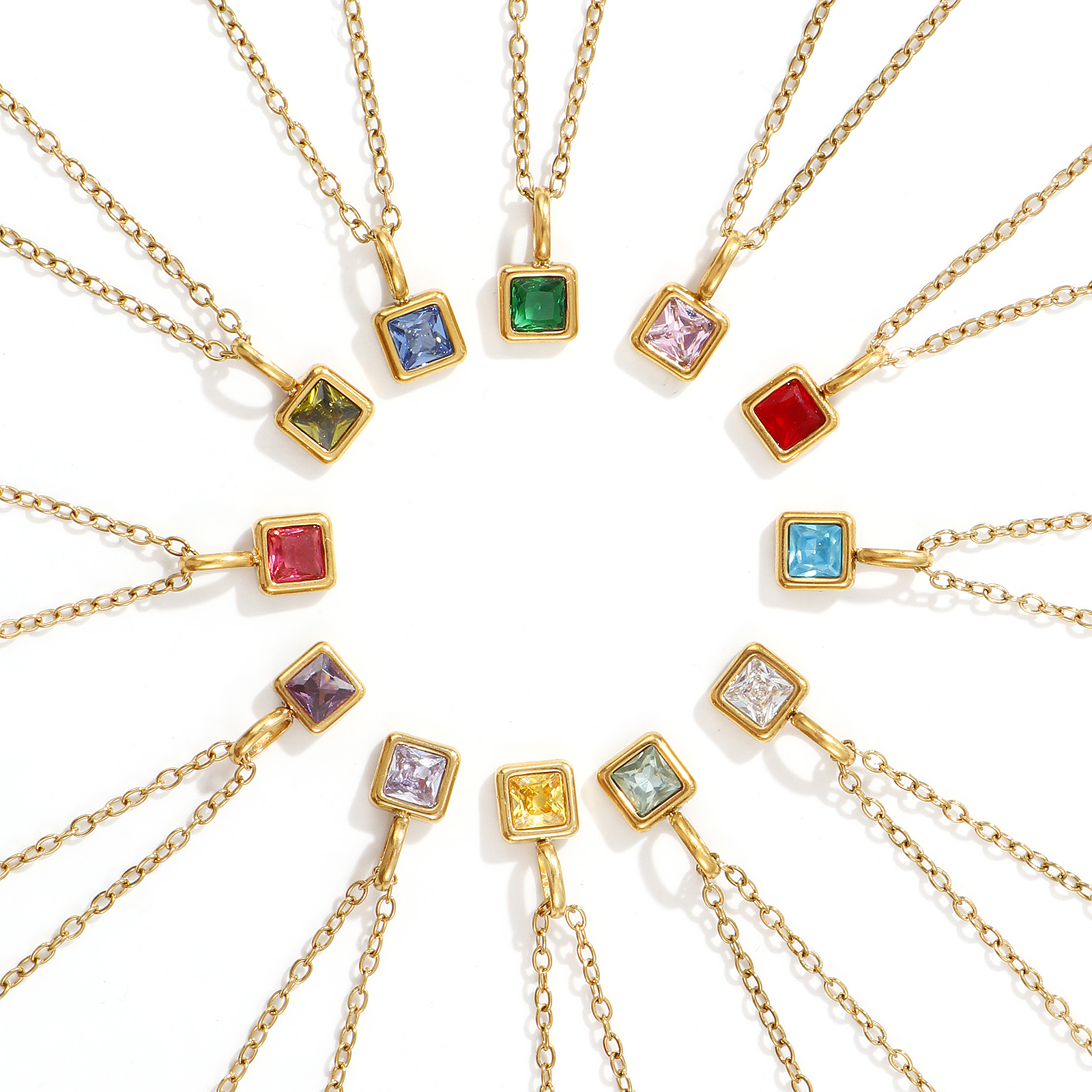 Picture of 18K Real Gold Plated Link Cable Chain Square Pendant Charm Necklace, 304 Stainless Steel & Cubic Zirconia 45cm(17.7") + 5cm(2"), For Women, Birthstone Exquisite Gift, Eco-friendly PVD Vacuum Plating