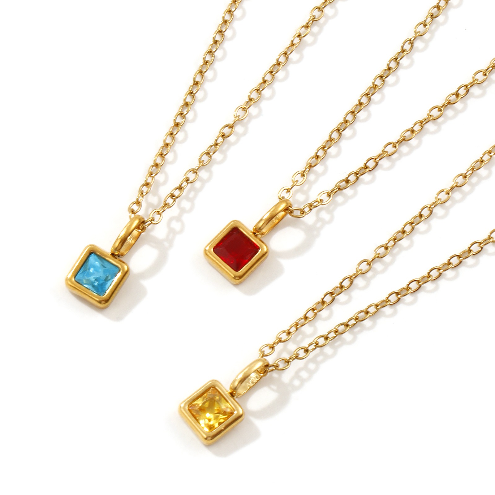 Picture of 18K Real Gold Plated Link Cable Chain Square Pendant Charm Necklace, 304 Stainless Steel & Cubic Zirconia 45cm(17.7") + 5cm(2"), For Women, Birthstone Exquisite Gift, Eco-friendly PVD Vacuum Plating