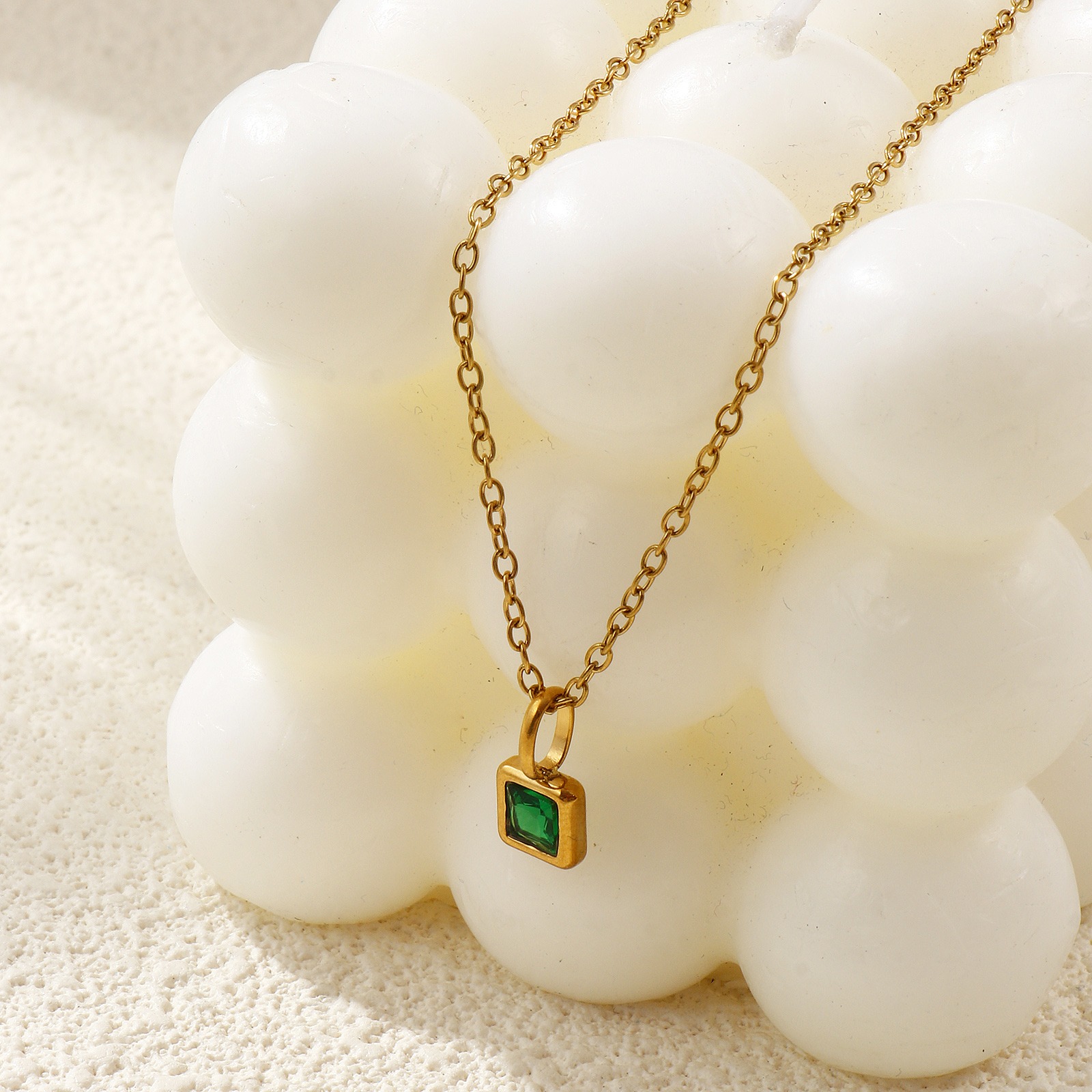 Picture of 18K Real Gold Plated Link Cable Chain Square Pendant Charm Necklace, 304 Stainless Steel & Cubic Zirconia 45cm(17.7") + 5cm(2"), For Women, Birthstone Exquisite Gift, Eco-friendly PVD Vacuum Plating