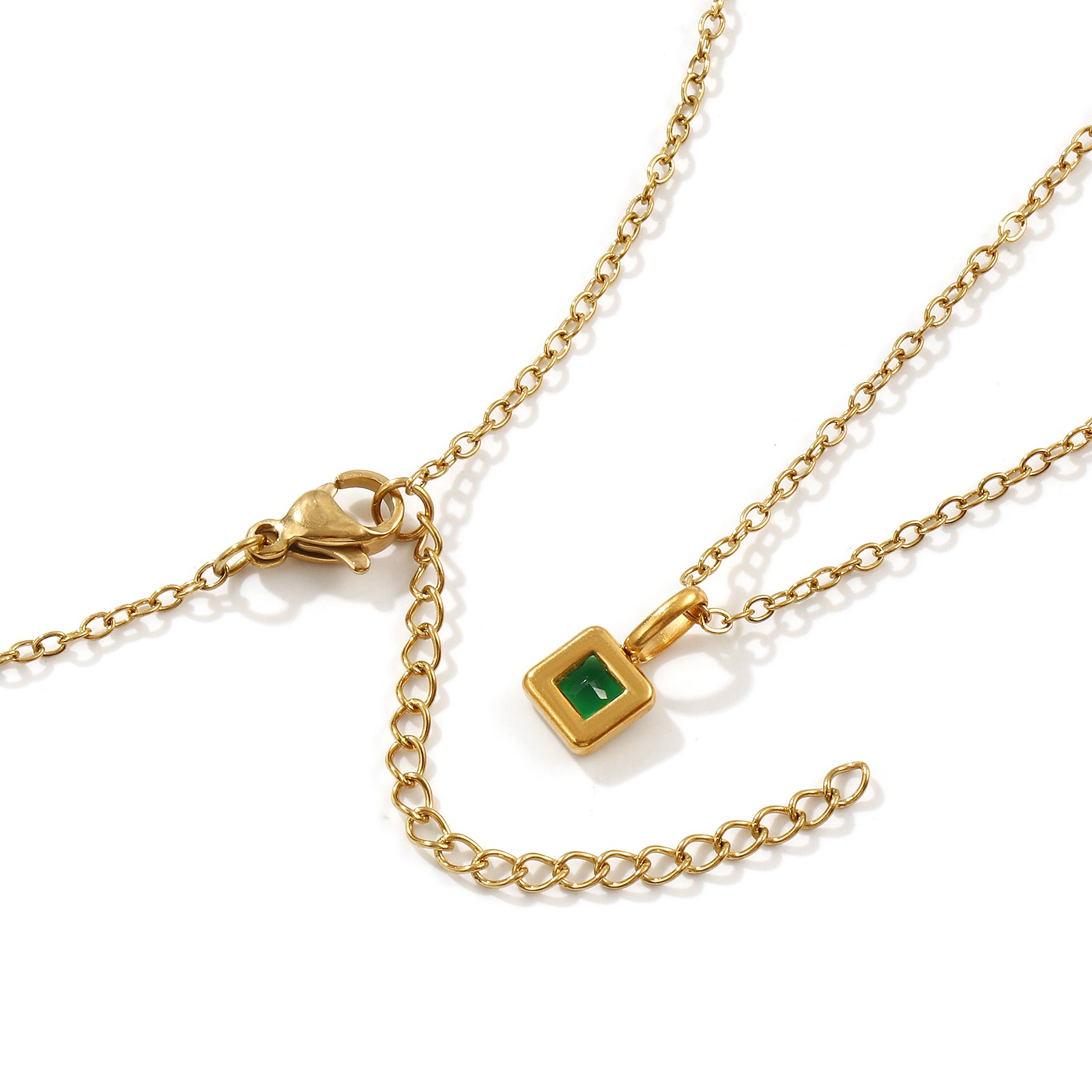 Picture of 18K Real Gold Plated Link Cable Chain Square Pendant Charm Necklace, 304 Stainless Steel & Cubic Zirconia 45cm(17.7") + 5cm(2"), For Women, Birthstone Exquisite Gift, Eco-friendly PVD Vacuum Plating