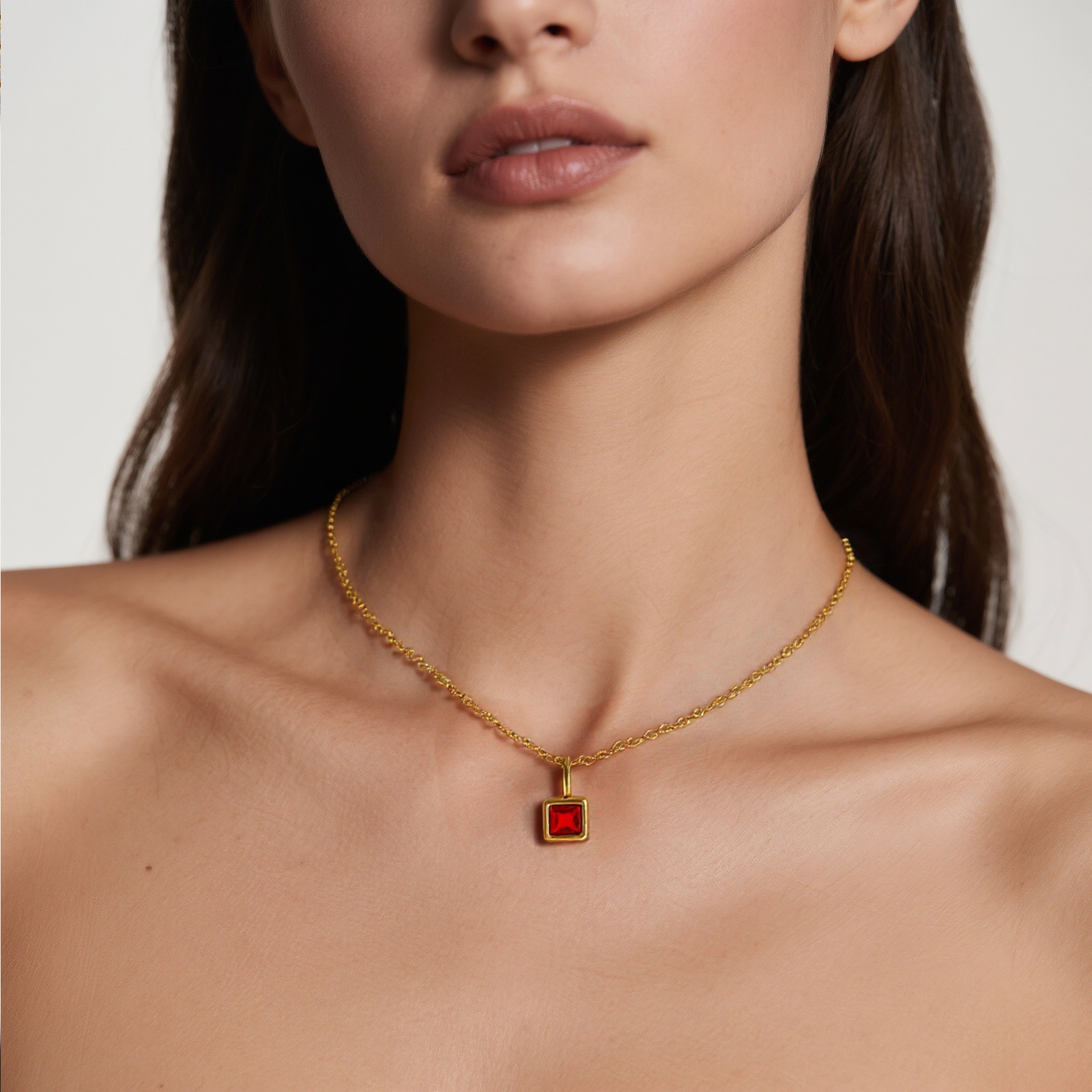 Picture of 18K Real Gold Plated Link Cable Chain Square Pendant Charm Necklace, 304 Stainless Steel & Cubic Zirconia 45cm(17.7") + 5cm(2"), For Women, Birthstone Exquisite Gift, Eco-friendly PVD Vacuum Plating